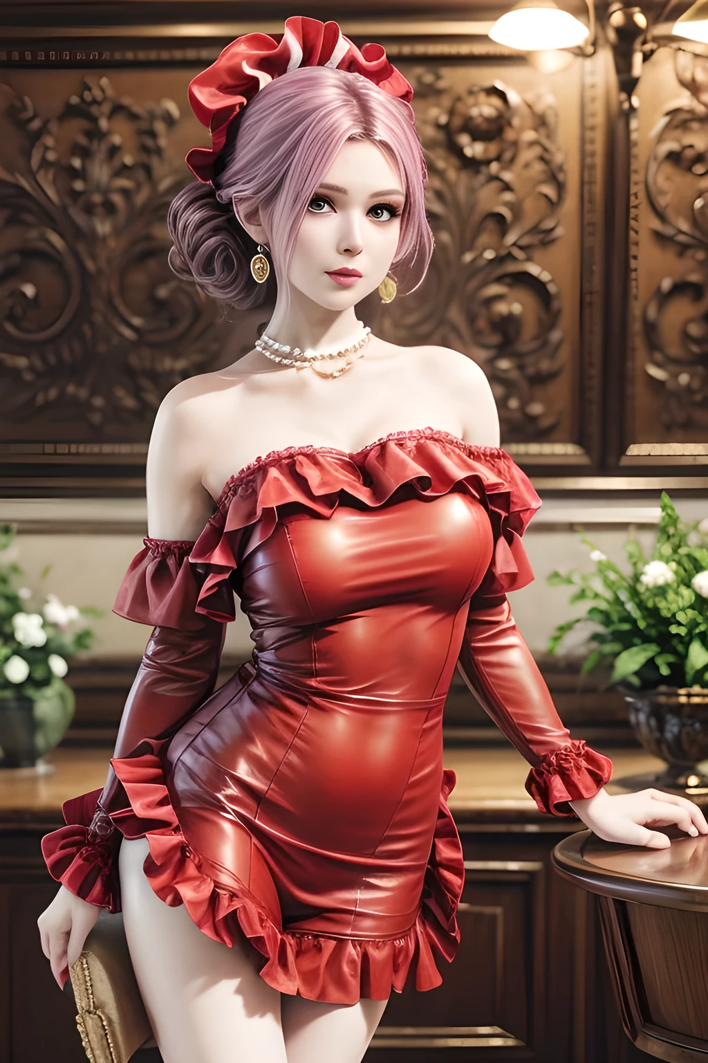 (Masterpiece, BestQuality:1.3), (ultra detailed:1.2), (hyperrealistic:1.3), (RAW photo:1.2), High detail RAW color photo, professional photograph, (Photorealistic:1.4), (realistic:1.4), (Pink Hair:1.5), professional lighting, perfect anatomy, (Big Breasts:1.2), (blush, detailed face), (cheerful Smile:1.5), Trending Hair&Trending Hairカラーをランダムに, earrings, necklace, bracelet, sexly, erotic sexly, Random sexy gravure poses, (A woman in an elegant red dress in a restaurant、Smiling while holding a glass of wine。With long curls、One hand on hip。:1.3)