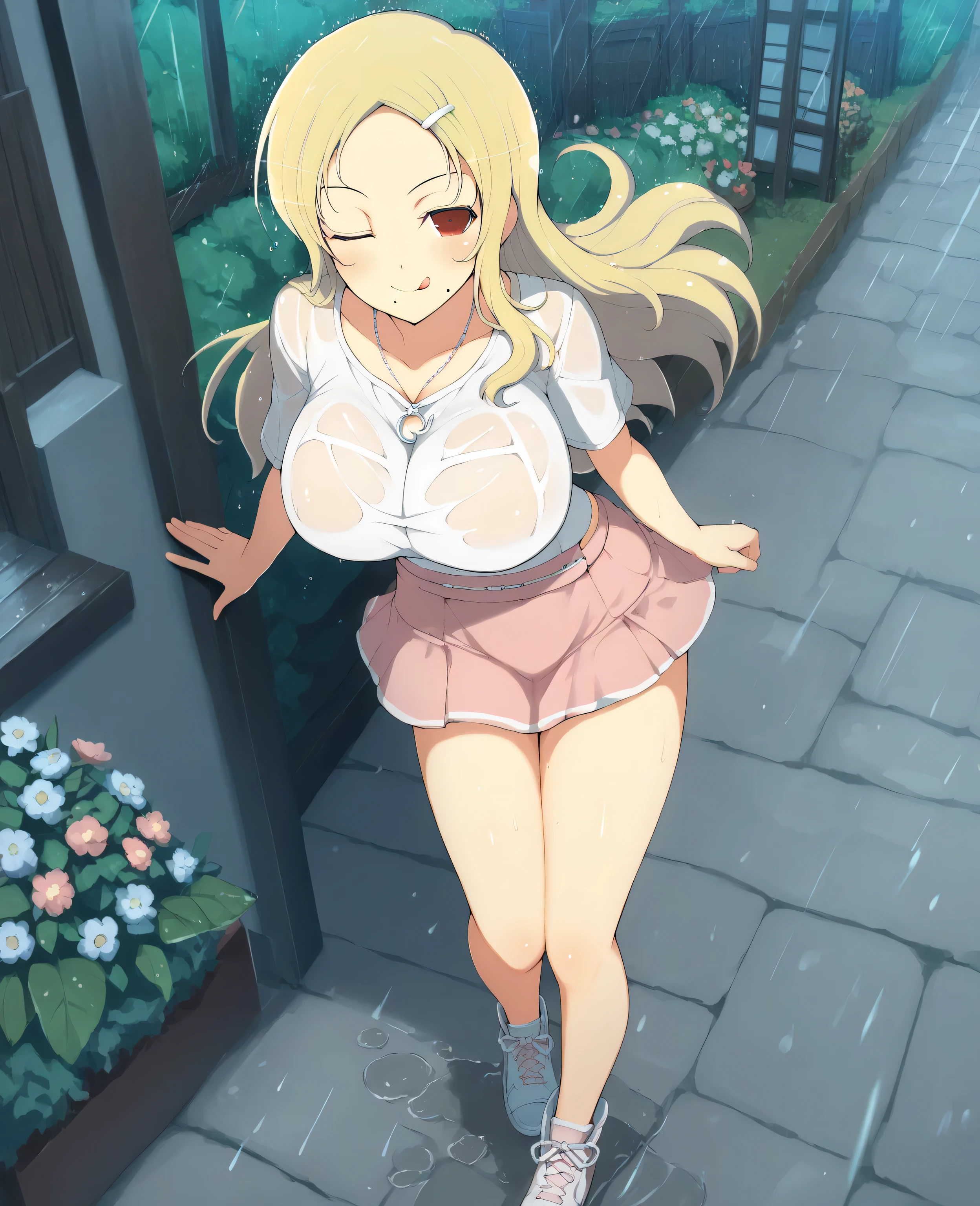 yaegashi nan, masterpiece , best quality, best resolution, highly detailed, Senran Kagura, Shiki_XL, blonde, long hair, red eyes, wink, blush, mole under mouth, smile, tongue, hairclip, large breasts, body blush, BREAK, sandals, white t-shirt, pink mini skirt, white big sneakers, necklace, empty garden, rain, wet clothes, standing, sexy pose, BREAK, looking viewer 