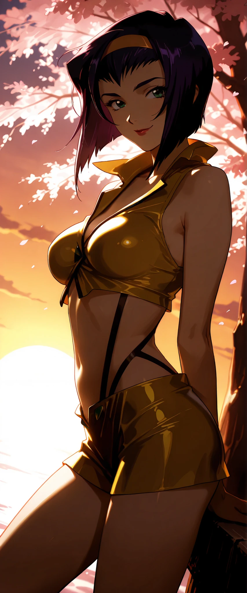 1 woman, faye valentine, dutch angle, purple hair, green eyes, cheerful smile, yellow one-piece short dress, windy, cherry blossom trees, sunset, chiaroscuro, masterpiece, high quality, highly detailed