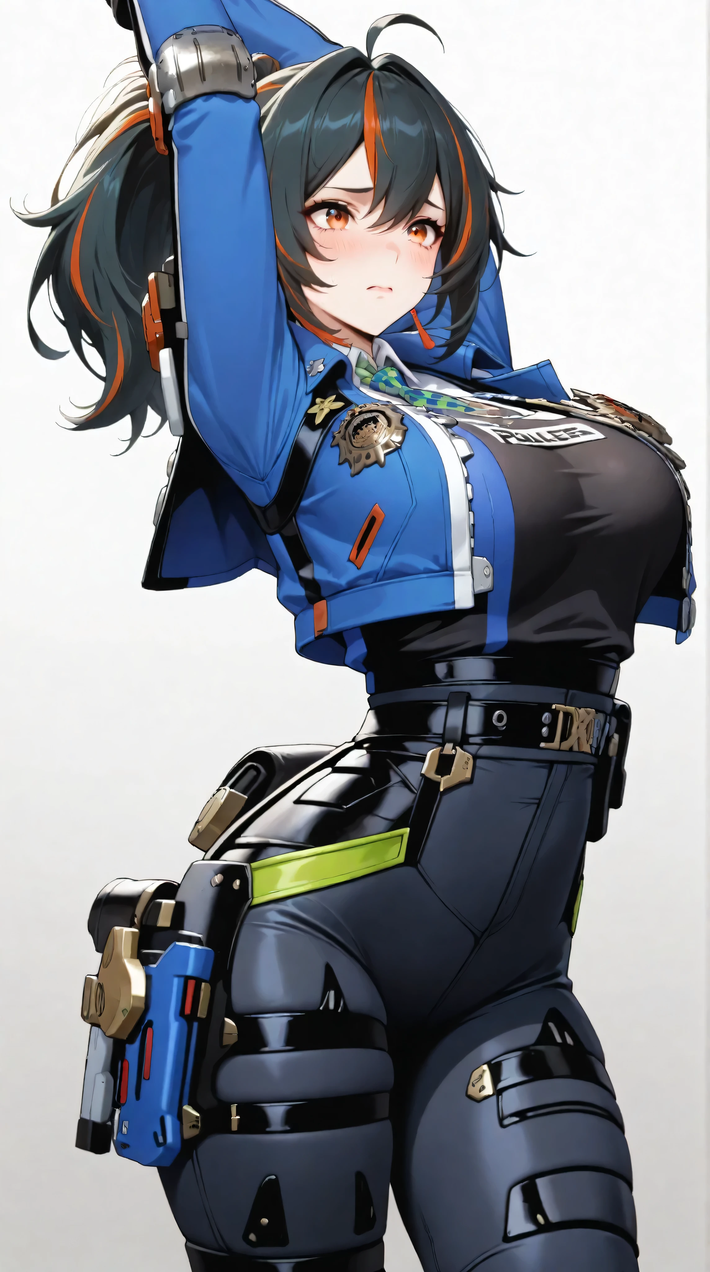 masterpiece, extremely detailed,perfect skin texture,4k,solo,1girl ,zhu yuan,worried,take off jacket,stand up,sexy pose,ponytail streaked hair,blush,police uniform, blue jacket, cropped jacket, long sleeves, black vest, two-tone vest, black gloves, green necktie, plaid necktie, black pants, high-waist pants, belt, thigh straps, knee pads, holster, tight pants, blue footwear,mature,sexy legs,perfect body,large breasts,high detailed, best quality, upper body, photography,cowboy shot,((white plain background))