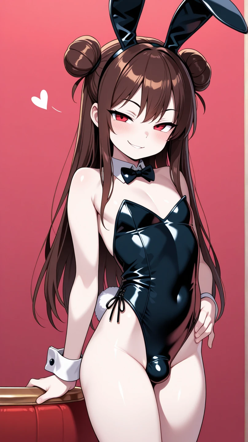 (((masterpiece, highest quality, ultra detailed, sharp focus, 32k, UHD, HDR, vibrant colours, perfect anime girl, anime style polished:1.2))), best lightings, (perfect detailed anatomy, beautiful detailed eyes&hair, beautiful face, shiny skin), depth of field, detailed outfits, good anatomy, (nice hands, perfect hands:1.2), 1girl, solo, 19years old, pale skin, short stature, shaped waist, (beautiful medium breasts), (long hair, wavy long hair, detailed shiny black long hair, detailed red eyes, eyes highlight), ideal ratio, ideal ratio body proportions, (nice hands, perfect hands), (appropriate posture), (appropriate configuration), (seductive pose:0.9), Dazzling Smile,(coquettish)1.3, blush, BREAK (Red PLAYBOY BUNNY, Red PLAYBOY BUNNY HAIRBAND: 1.2), (Leotard with Fishnet tights: 1.3), Red BOWTIES, Wrist Cuffs, Earrings, BREAK (contrapposto: 1.5), (hands on waist: 1.4), (cowboy shot: 1.2), Looking at viewer, BREAK (night, casino: 1.2), Blurry background,