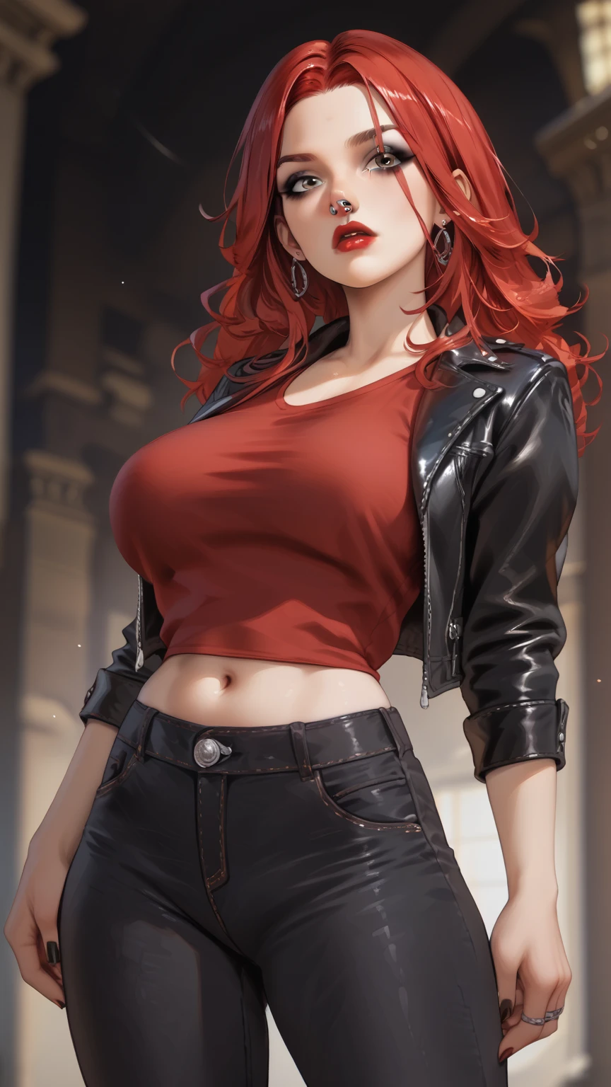 ((large and drooping breasts)) ((1 girl with a mischievous smile)) ((hot and sexy)) ((red hair punk bob style)), greeneyes, slickedback hair, extremely sexy body, choker, (((wearing a top to the elegant bottom of the jacket, bold lace top, Shorts jeans curtos))), (best qualityer, ultra detali, photorrealistic: 1.37) extremely detaild, hyper detailled, (((face perfect)), soft lighting, ((best qualityer)), dynamic pose, pose sexy, cute and sexy expression , in the square park, at night
