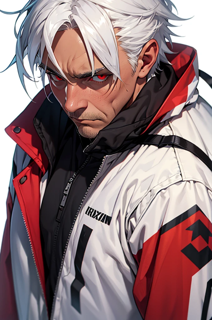  Concept ART ,human Male  ,Clear Skin ,Red eyewear , white hair,long braided ,zip Red Coat  , Black Gloves  , Cool 