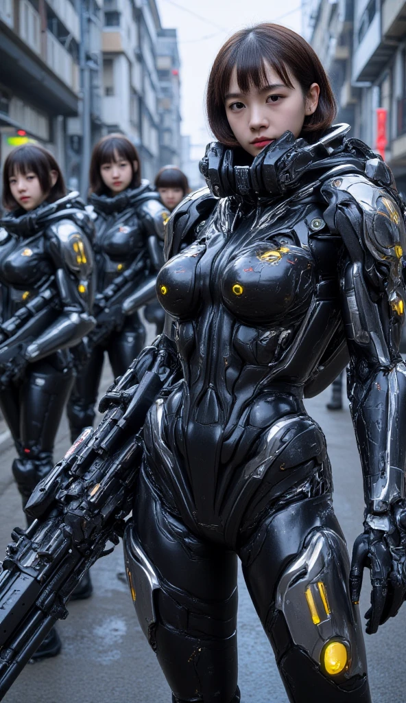 ((high resolution)), ((pale skin)), group of freckled, Irish, brunette ((13 year old)) girls, with blue eyes, blushing cheeks, long curly hair with bangs, naked, sexy armor, cyberpunk, neon cityscape