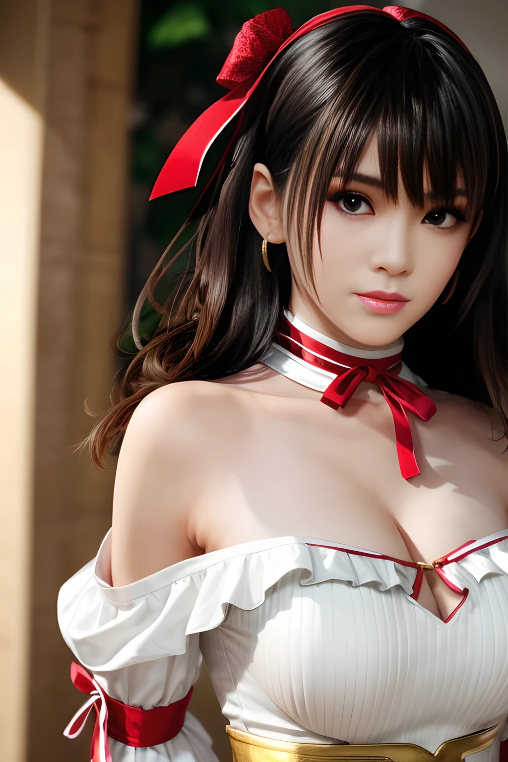 masterpiece, highest quality, (realistic, 1 girl, alone, beautiful face, detailed face, beautiful eyes), (chest), thighs, long hair, ponytail, chest contains, red, Tolerate, Tolerate者, bare shoulders, elbow bag, Skirt curtain, folding fan, Fans