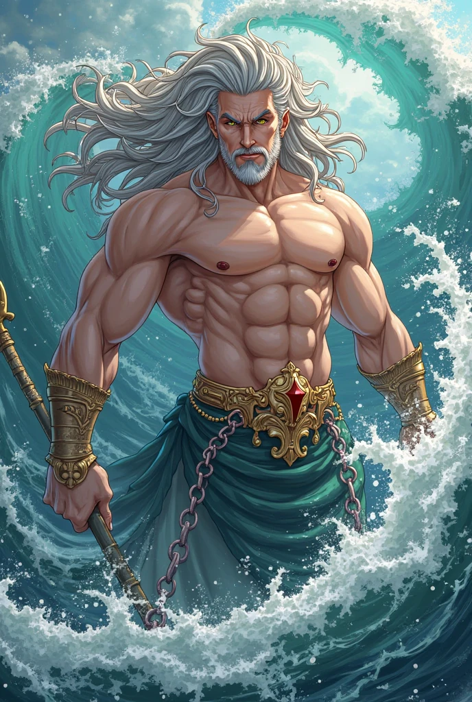 man, long blonde hair, blue eyes, poseidon style Greek mythology, holding trident