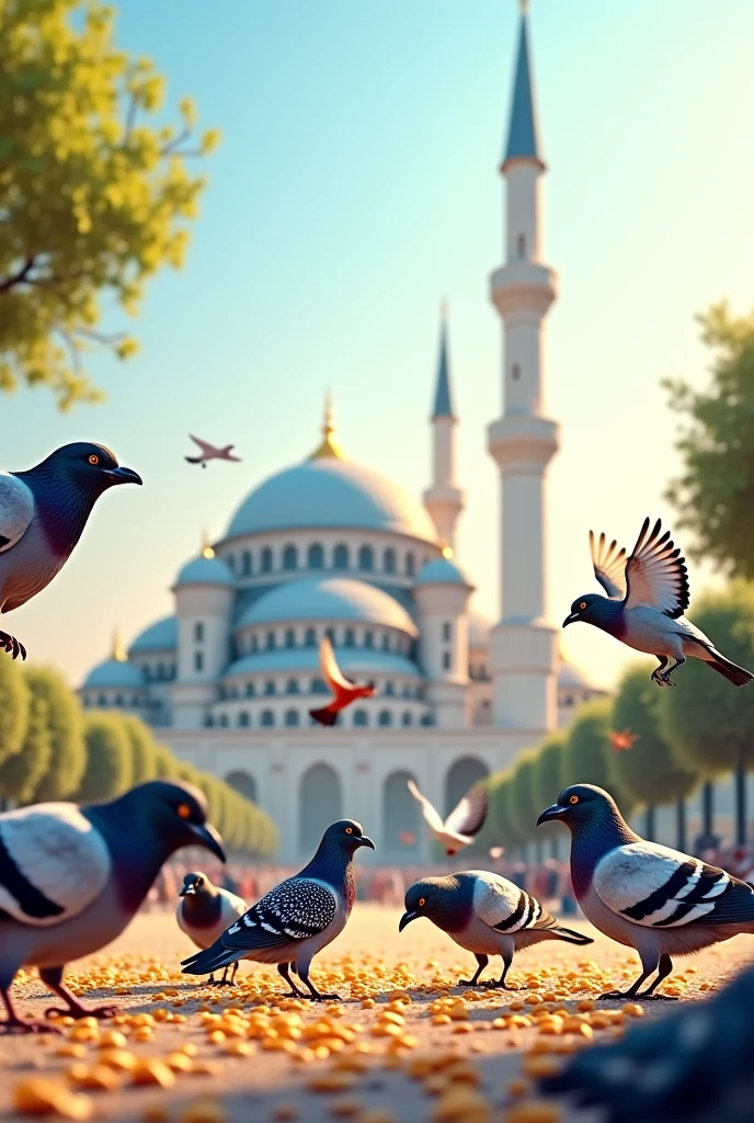 a Group of peagon are  staying on the ground in the premises of a white and vintage mosque in the down.realistic image .
