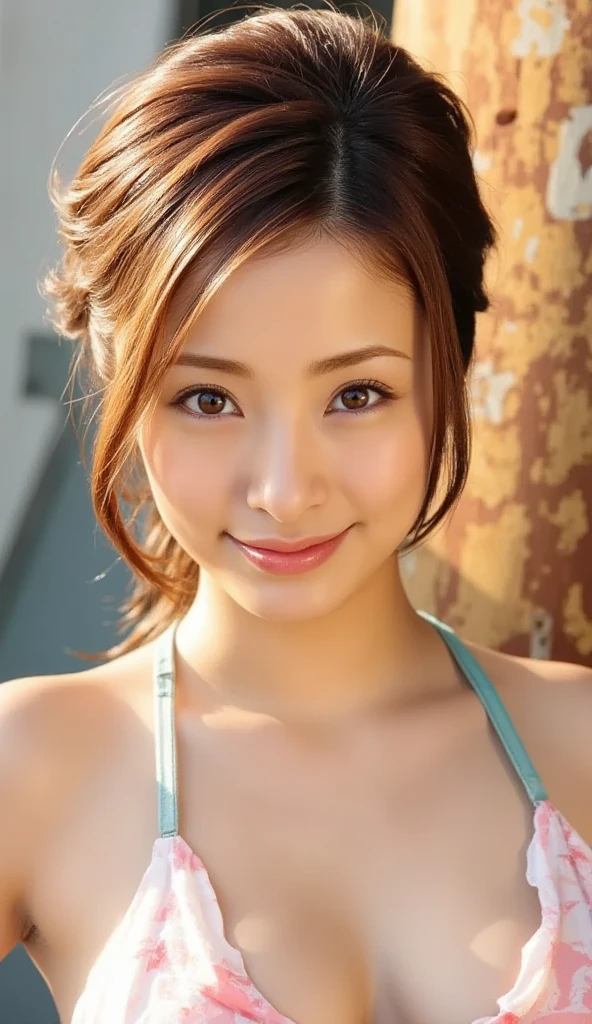 (8k, RAW Photos, highest quality, masterpiece, Realistic, Realistic), (1 female), (Ultimate beauty), Highly detailed face, (Perfect Teeth), Beautiful Eyes, double eyelid, eyelash, smile, Lip details, Brunette Bob, The light shines on your face, ((Big Breasts)), ((String Bikini)), ((Cowboy Shot)), (background: Poolside), ((Written boundary depth))