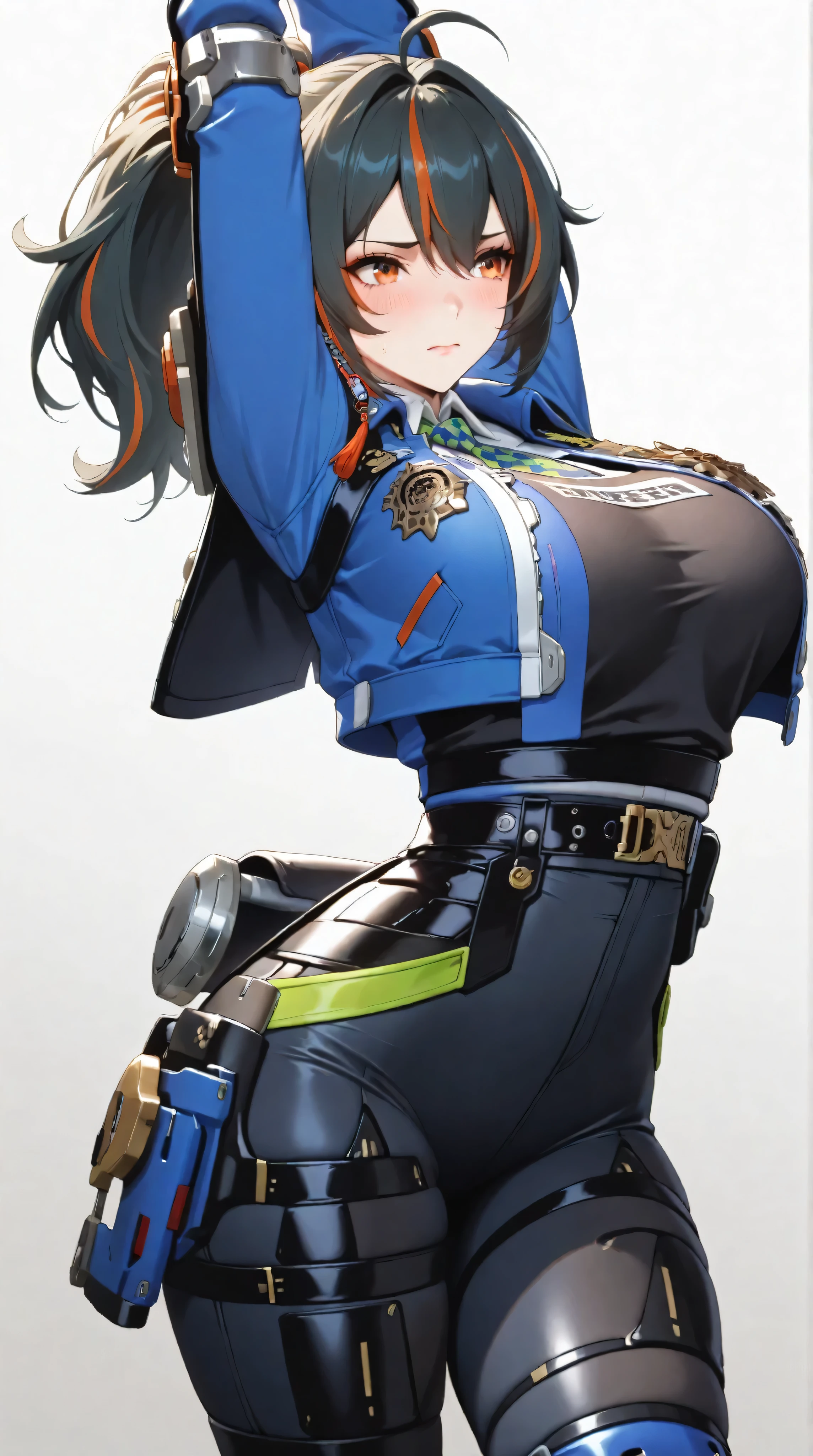 masterpiece, extremely detailed,perfect skin texture,4k,solo,1girl ,zhu yuan,worried,put off jacket,stand up,sexy pose,ponytail streaked hair,blush,police uniform, blue jacket, cropped jacket, long sleeves, black vest, two-tone vest, black gloves, green necktie, plaid necktie, black pants, high-waist pants, belt, thigh straps, knee pads, holster, tight pants, blue footwear,mature,sexy legs,perfect body,large breasts,high detailed, best quality, upper body, photography,cowboy shot,((white plain background))