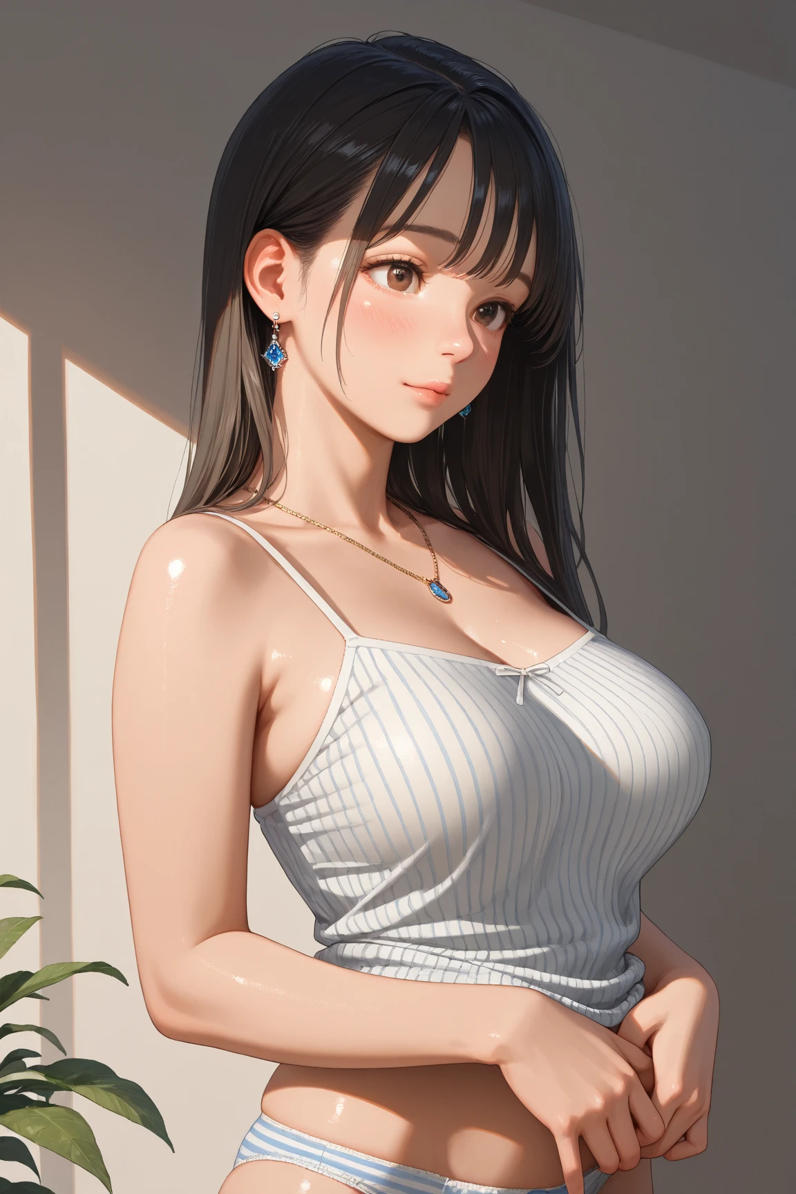 (A blue striped skirt),Mature Woman, Grace,Background is the bedroom, High-tech feeling,Black Hair,High Ponytail,Hair tied with ribbon,wearing a platinum necklace around her neck, 1 girl, 超High resolution, Extreme speed, masterpiece, Accurate, Anatomically correct, Textured skin, Very detailed, Attention to detail, high quality, 最high quality, High resolution, 4K,Watercolor