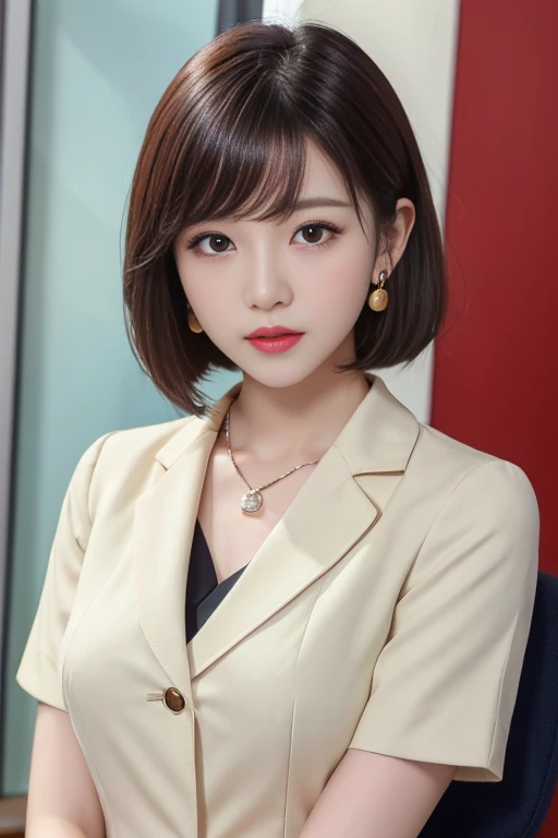 8K RAW Photos, High Resolution, 17 years old cool Korean, Very big round breasts, school uniform, ribbon, blazer, skirt, very thin mouth, duck mouth, grinning,, bossy pose, beautiful eyes in detail, long eyelashes, beautiful double eyelids, eye shadow, slender eyes, Sanpaku eyes, beautiful thin legs, necklace, earrings, short hair, school staff room