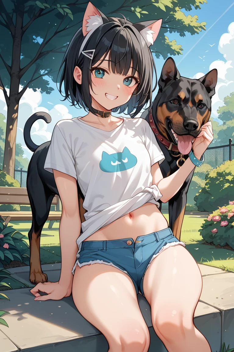 1girl, short orange hair, black-green eyes, black tank, blue shorts, black footwear, deep cleavage, large breasts, outside, sunny day, realistic, glowing eyes, standing girl, full body, navel, chubby girl
