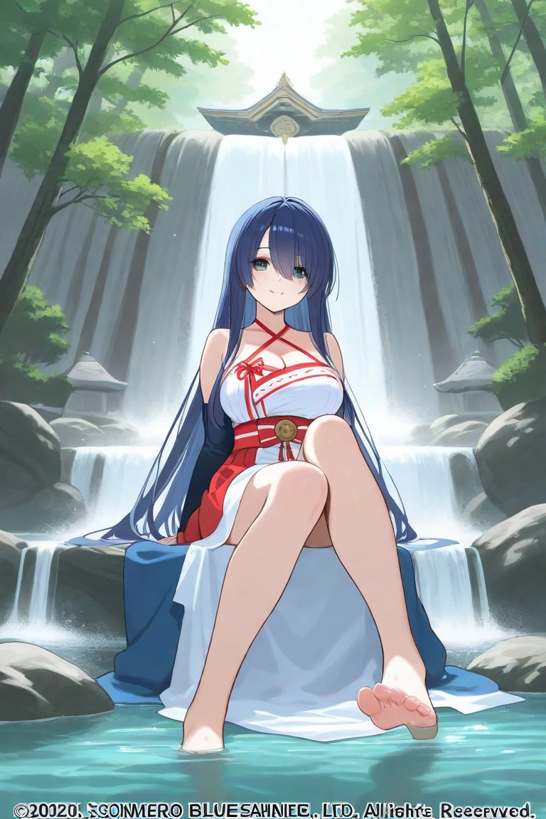 best quality, high details, textured skin, high quality, high quality, anatomically correct, KirukiruAmou, (black hair, long hair, grey eyes), hair ornament, breasts, jewelry, 1girl, black_hair, long_hair, solo, anklet, sitting, cleavage, detached_sleeves, barefoot, bare_shoulders, bracelet, water, large_breasts, looking_at_viewer, smile, dress, hair_ornament, magic, fire, flower, very_long_hair, full_body, mole, wide_sleeves, bangs, feet, medium_breasts, thighs, petals, crossed_legs