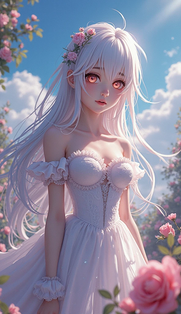 (lace, lace-trim, white elbow gloves, white bow bra, white thighhighs, bare shoulders, thighs, underwear only, bow panties, white choker, g-string, thong:1.4), cleavage, (orange eyes, long white hair, swept bangs, messy hair:1.4), (pink lips, hair flower, pink flower, makeup:1.2), 1girl, thigh gap, ((outdoors, hills, grass, leaves, blue sky, sun, flowers)), (arms by side:1.2), (front view)) (((garter straps, garter belt:1.2)))