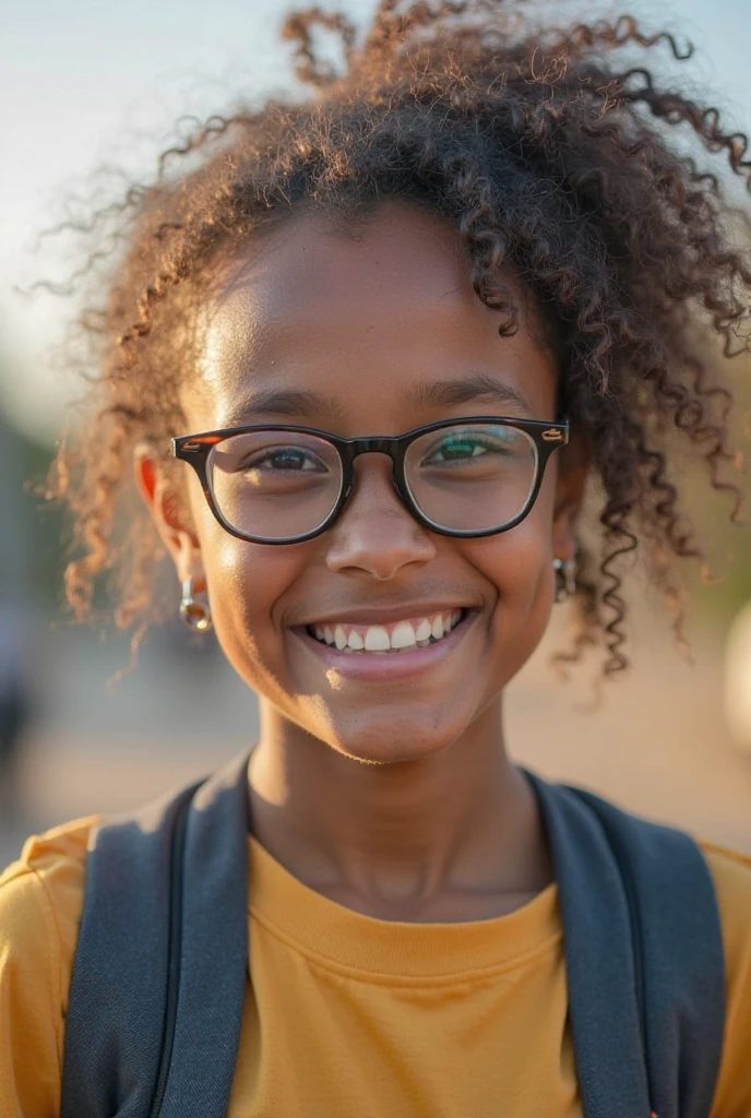 profesora de primaria latina, dark complexion, sonriendo, usando lentes de color dorado, cabello lacio color ?????, ojos marrones claros, en plena clase, estilo anime, 3d