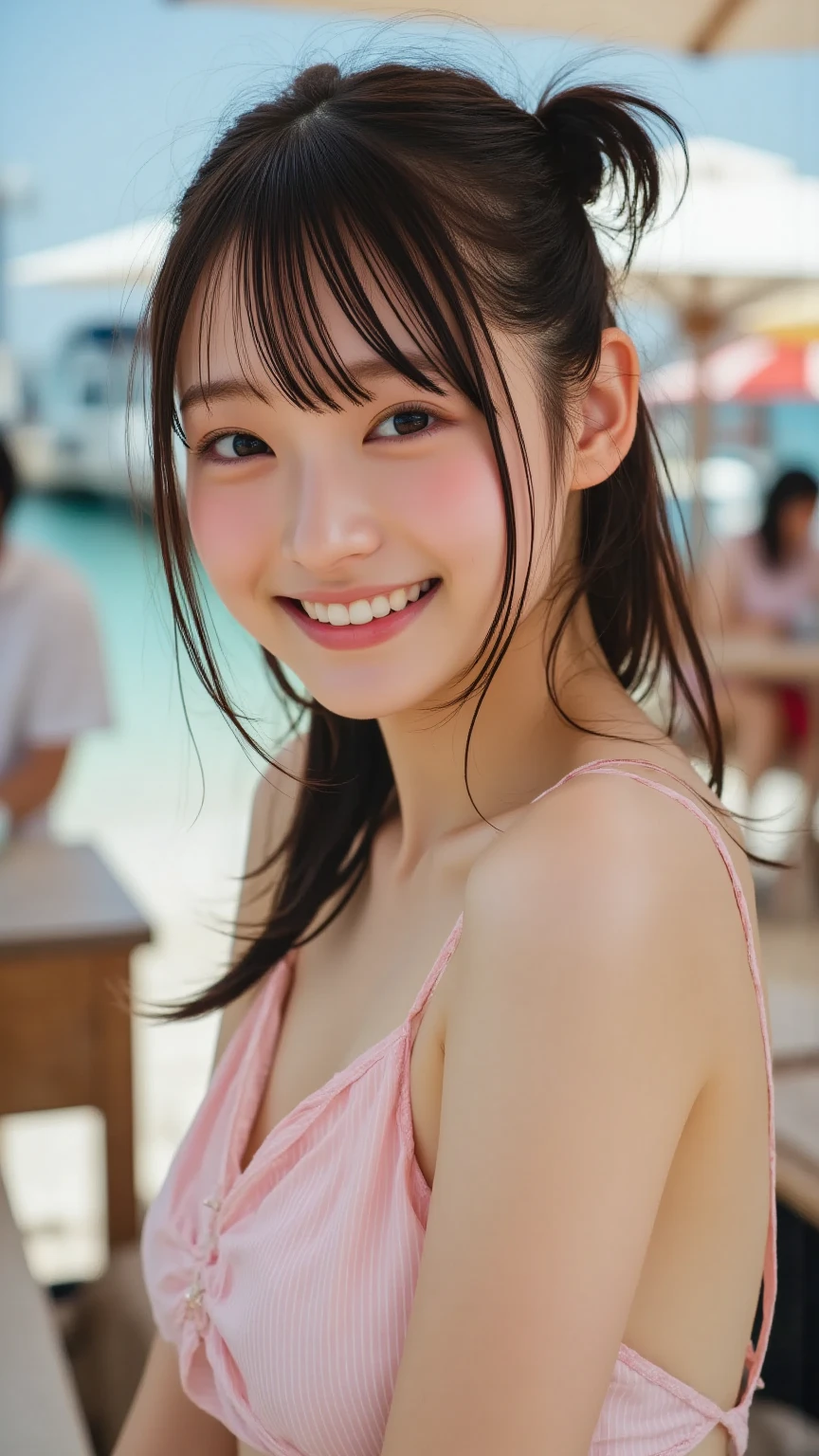 (masterpiece, Highest quality:1.2), 8k, Young and beautiful girl, 85mm,Official AR RAW Photos, Baby Face、Brown tanned skin、Big Breasts, Show me your ears、photo shoot, Cute Face, Thighs,Looking at the audience, Embarrassing、smile、Film Grain, chromatic aberration, Sharp focus, Face Light, Bright lighting, 10 generations, Detailed face, Background Blur、((((((15-year-old high school girl))))))、(Thin competitive swimsuit:1.4)、Poolside、