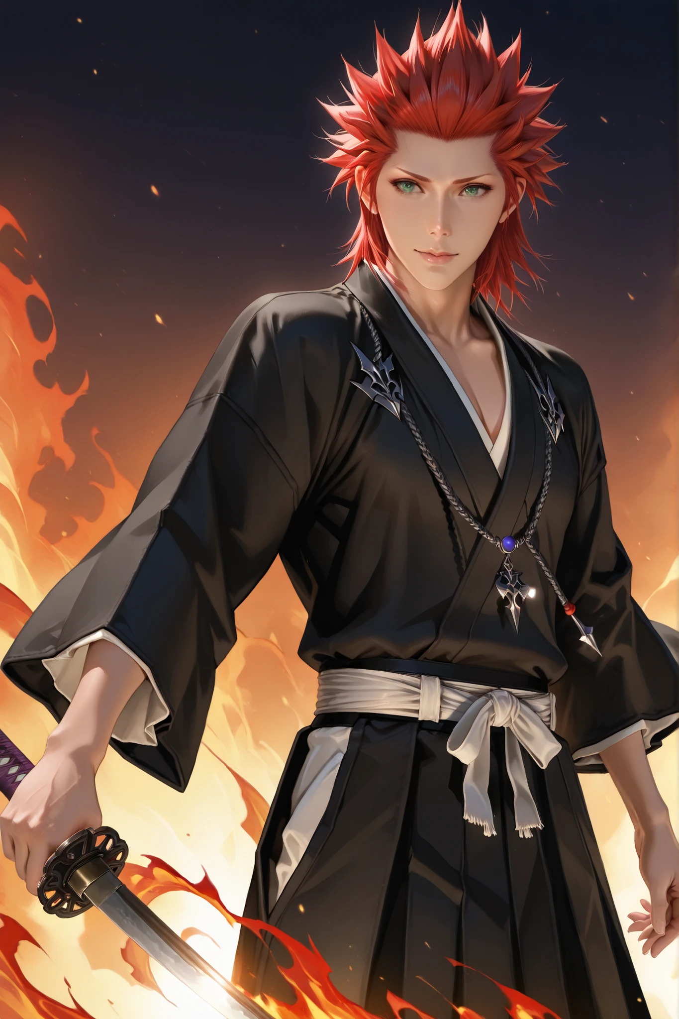 "Masterpiece, ultra-detailed, 4K, HD, cinematic lighting, semi-realistic style. Perfect face, perfect hands, perfect posture. ((cowboy shot)), Axel from Kingdom Hearts reimagined as a charismatic and sharp-witted Third Officer of the 8th Division in Bleach. (((black kimono))), japanese clothes. His posture is relaxed but calculated, exuding sharp intelligence. The background showcases mystical energy rippling through the air, with traces of Hollow reiatsu merging with Quincy markings and Fullbringer essence, symbolizing his unique role as a bridge between worlds. The atmosphere carries an air of intrigue, diplomacy, and unpredictability, reinforcing Axel’s mastery in navigating delicate negotiations while keeping his flame of combat ever ready. Best quality, semi-realistic aesthetic, harmonious composition, immersive depth, cinematic lighting. *2D semi-realistic, ((solo)), (((1man))), charismatic expression, glowing fiery energy, black shinigami uniform with flame embroidery, elegant but relaxed pose, diplomatic tension in the air, one katana, (((Axel))), (Red Hair), (Spiked Hair), Green Eyes