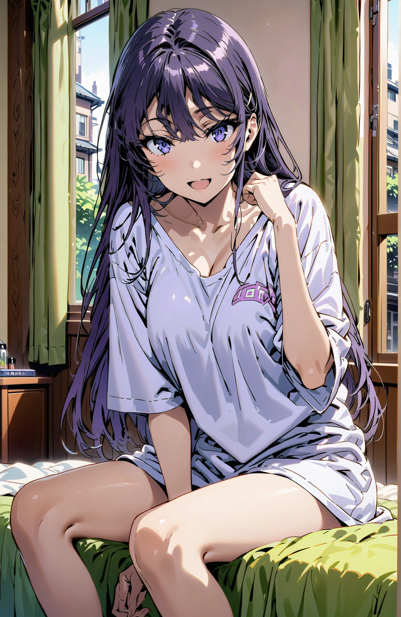 purple eyes，cover,smile,open your mouth,narrows her eyes,