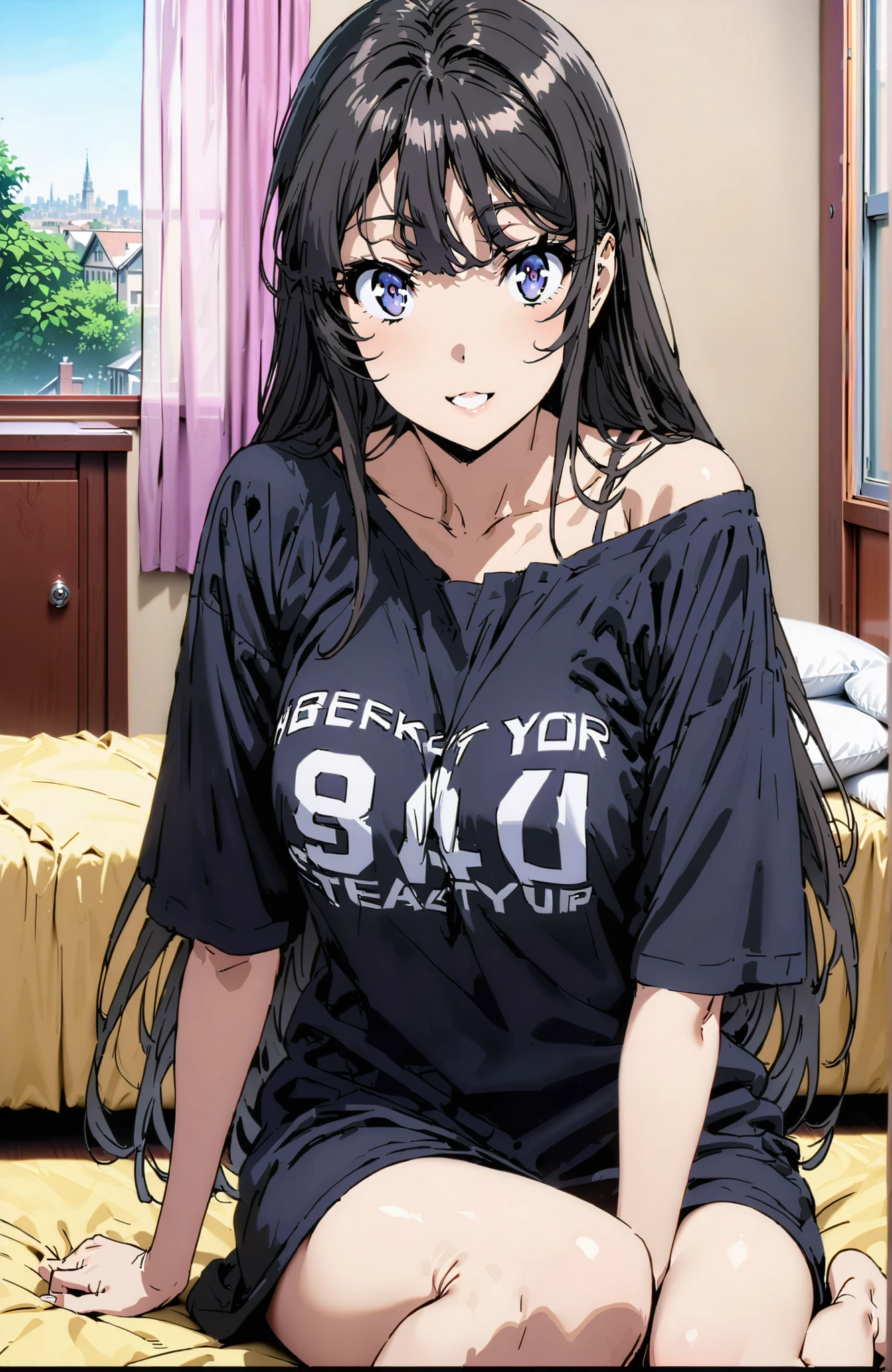 score_9, score_8_up, score_7_up, source_anime,
household, Mai Sakurajima, long hair, Bang, black hair, purple eye,Big Breasts,cleavage,oversized t-shirt,black string panties, one shoulder,sits on a bed,smile,cover,open your mouth,narrows her eyes,Bare legs,morning,decor,curtains,window, Beautiful Streetscapes,break indoors, bedroom,
break looking at viewer,full body,
break (masterpiece:1.2), BEST QUALITY, high resolution, Unity 8Kの壁紙, ( illustration :0.8), (beautiful detailed eyes:1.6), very detailed face, perfect lighting, highly detailed CG, (perfect hand, Perfect Anatomy),