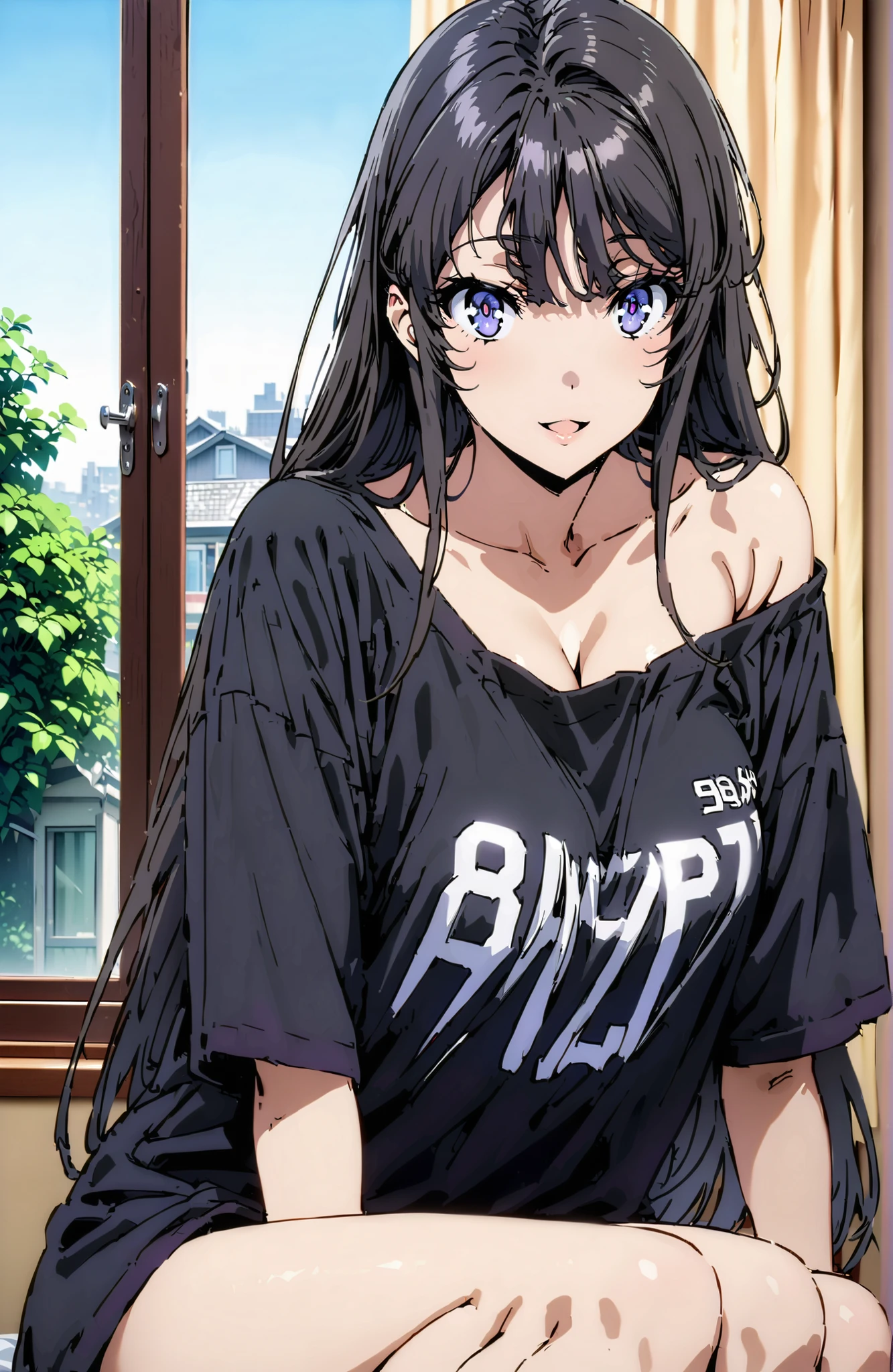 score_9, score_8_up, score_7_up, source_anime,
household, Mai Sakurajima, long hair, Bang, black hair, purple eye,Big Breasts,cleavage,oversized t-shirt,black string panties, one shoulder,sits on a bed,smile,cover,open your mouth,narrows her eyes,Bare legs,morning,decor,curtains,window, Beautiful Streetscapes,break indoors, bedroom,
break looking at viewer,full body,
break (masterpiece:1.2), BEST QUALITY, high resolution, Unity 8Kの壁紙, ( illustration :0.8), (beautiful detailed eyes:1.6), very detailed face, perfect lighting, highly detailed CG, (perfect hand, Perfect Anatomy),