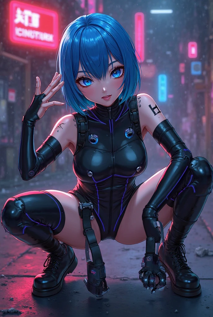 Woman, (against the backdrop of a cyberpunk city:1.3), (swimsuit:1.3), (small breasts:1.4), (flat chest:1.3), (dim lighting:1.3), (detailed hair:1.3), (bob haircut:1.3), (blue hair:1.3), (highly detailed:1.3), (glowing purple eyes:1.4), (detailed face and eyes:1.3), (wide hips:1.3), (thick thighs:1.3), (night:1.3), (rain:1.3), (wet body:1.3), (cyberpunk implants:1.3).