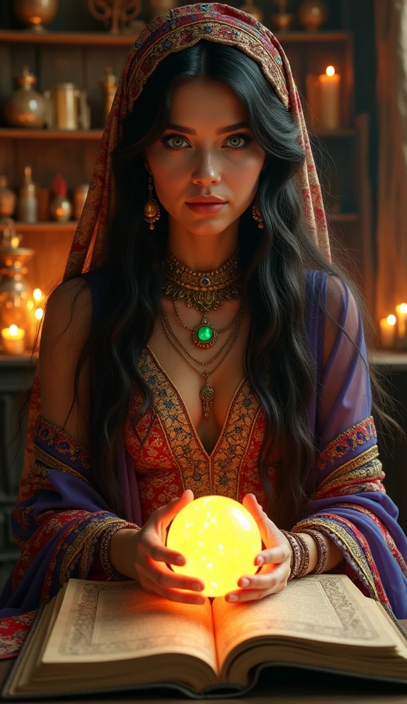 (best quality,highres),mysterious and goddess-like fortune teller, surrounded by swirling lights and shadows in a room that resembles the vastness of the universe. She wears multiple layers of circlets and necklaces, with her hands gently hovering over a large crystal ball. The room is filled with various divination tools and mystical symbols.