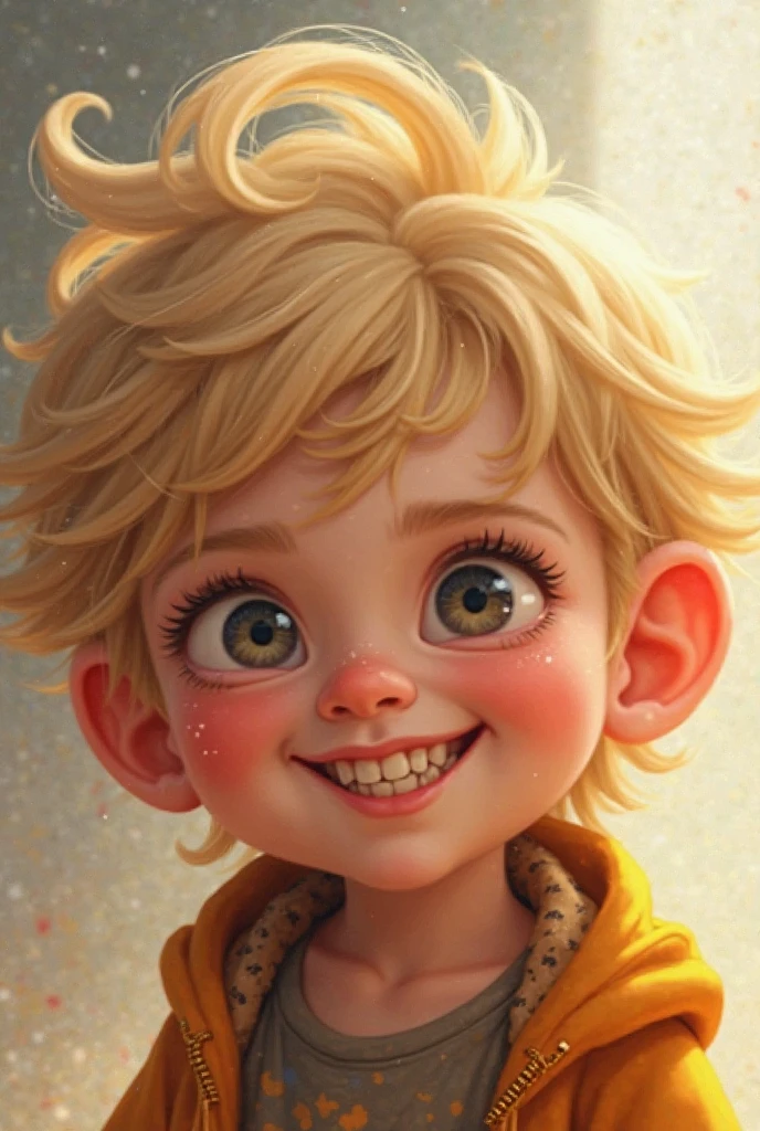 A realistic male boy child wearing a flight jacket and looking me in the eyes. Is hat blonde wuschelige Harre. brown eyes. cheeky facial expression.
