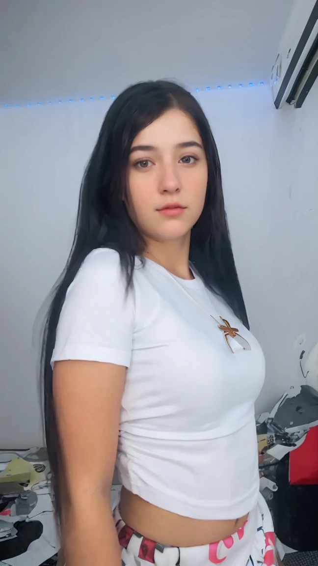 a girl in a white top and pink shorts is standing , by Quentin Tarantino, 1girl, bracelet, brown_hair, jewelry, letterboxed, lips, long_hair, makeup, medium_breasts, midriff, nail_polish, navel, necklace, nose, orange_sky, pink_shorts, realistic, shorts, solo, sun, sunset, tattoo,wristband, yellow_background, yellow_sky, beautiful detailed glow, detailed, Cinematic light, intricate detail, highres, detailed facial features, high detail, sharp focus, smooth, aesthetic, extremely detailed, stamp, octane render,