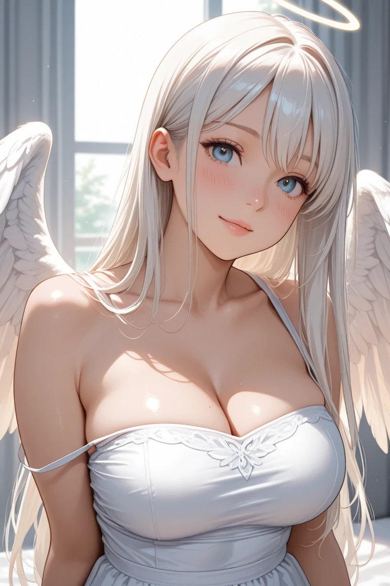 masterpiece, top-quality, 1girl in、Sagume, Silver-haired medium hair,Silver eyes, a bed、One Wings of an Angel、Colossal tits、A slender、a closeup、fullnude、It is dripping with its mouth open and tongue sticking out、all-fours、Breath is rough、I'm convulsing
