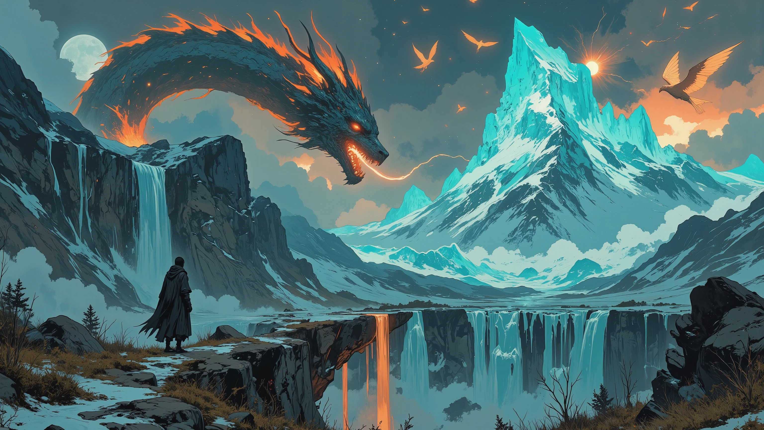 (TOP QUALITY, HD, masterpiece:1.4), 8k, ((Digital Painting, Hyperrealistic Glacier Textures)), Fantasy Art Nouveau Influence,
Celestial Ambience, Luminescent Ice. A celestial mountain range with razor-sharp crystalline peaks glowing in turquoise and silver (frozen majesty:1.5). Towering waterfalls of liquid moonlight cascade into an endless valley of emerald grass swaying in an aurora-lit breeze (surreal contrast:1.3). (Massive fire dragon:1.6) coiled atop the highest glacier, scales shimmering with molten obsidian and cracks of lava veins, wings radiating heatwaves that melt snow into ephemeral spirals.
- (Phoenix flocks:1.2) soaring between icy spires, trailing flames that crystallize into ruby icicles upon contact with the frozen air. A lone traveler (cloak billowing in the paradoxical wind) stands on a glacial bridge, one hand touching the ice (steam rising where skin meets frost), eyes reflecting both dragonfire and the polaris constellation above. olor Palette: Arctic blues × volcanic oranges (complementary clash). - Lighting: Ethereal godrays piercing storm clouds + subsurface scattering on ice.