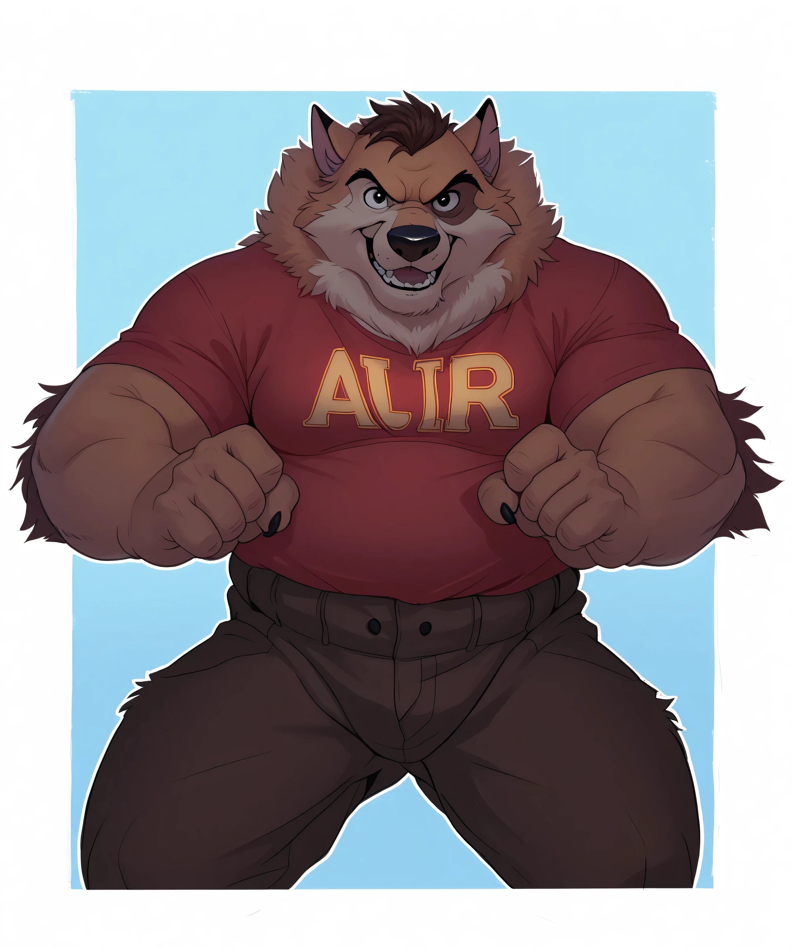 Kaltag pny, alaskan malamute, solo, detailed, detailed face, detailed eyes, anthro body, male, adult, very muscular:1.1, cartoon shading, cel shaded:1.0, flat colors, shirtless, wfa style, negger style, cartoony anatomy, above waist, looking at viewer, arms crossed, countryside background:1.1