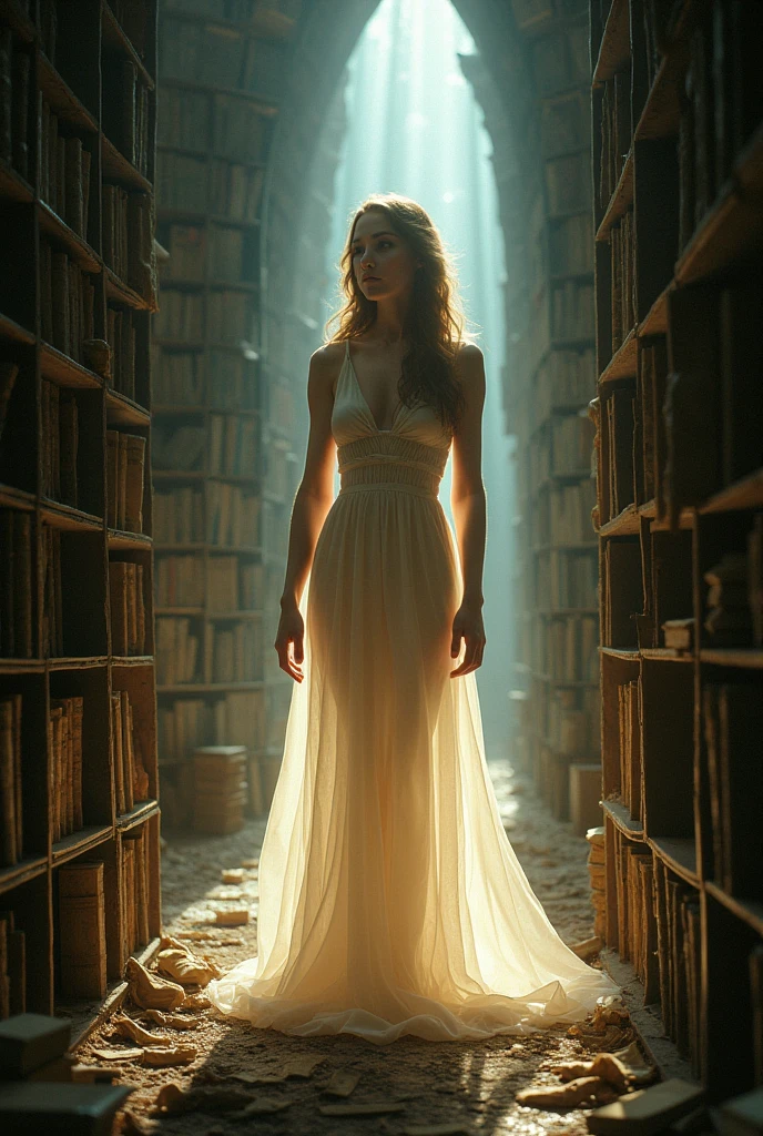 A beautiful vampire woman with dark sunglasses, short wavy blonde hair, a stylish white dress, standing in a dimly lit library