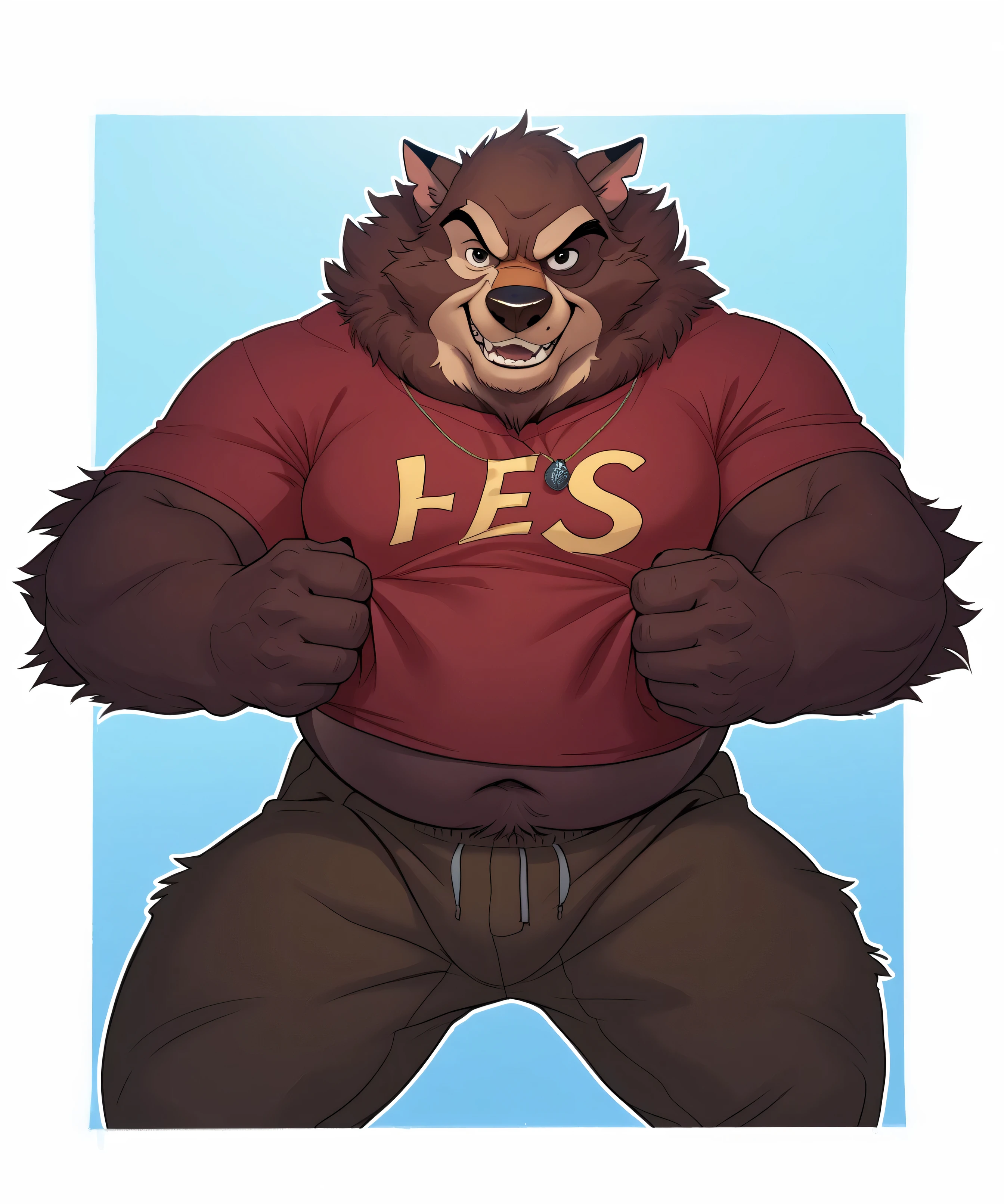 Kaltag pny, alaskan malamute, solo, detailed, detailed face, detailed eyes, anthro body, male, adult, very muscular:1.1, cartoon shading, cel shaded:1.0, flat colors, shirtless, wfa style, negger style, cartoony anatomy, above waist, looking at viewer, arms crossed, countryside background:1.1 