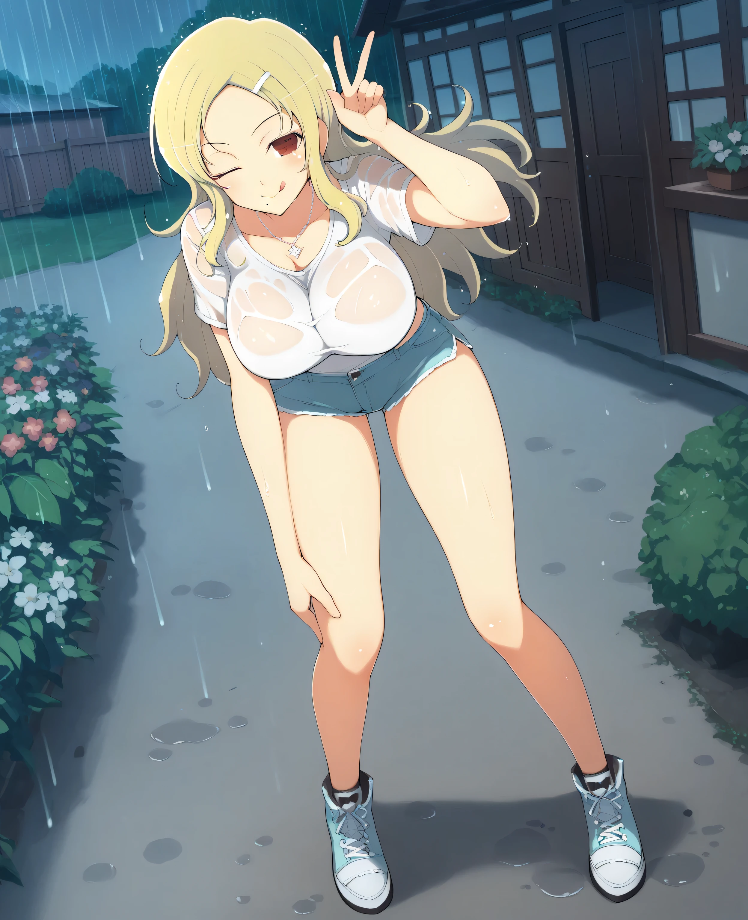 yaegashi nan, masterpiece , best quality, best resolution, highly detailed, Senran Kagura, Shiki_XL, blonde, long hair, red eyes, wink, blush, mole under mouth, smile, tongue, hairclip, large breasts, body blush, BREAK, high heels, white t-shirt, pink mini shorts, white big sneakers, necklace, empty garden, rain, wet clothes, standing, sexy pose, BREAK, looking viewer