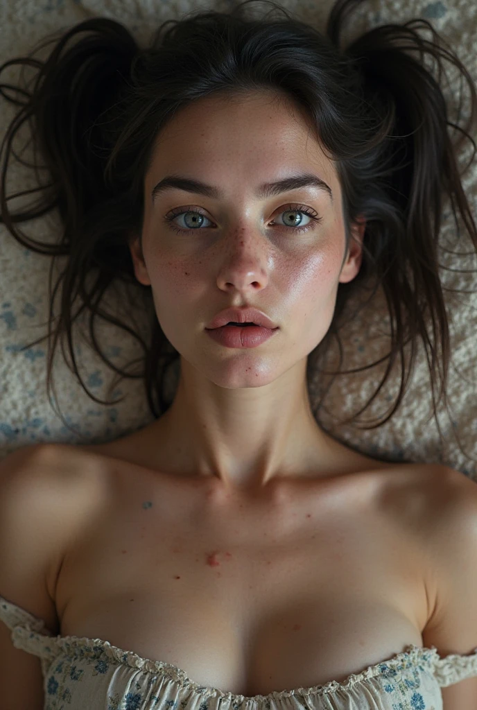 (real human being, masterpiece, realistic, fine skin, highest quality, 16k), alone, bust shot, lying on her back, put your arm behind her head, bed, messy hair, My cheeks turned red: 2, Wet dreamy eyes, Watery eye, A dazed and captivating gaze on her beloved, dark green apron, I love her so much I&#39;m shaking, I want to kiss her, My mouth is half open,