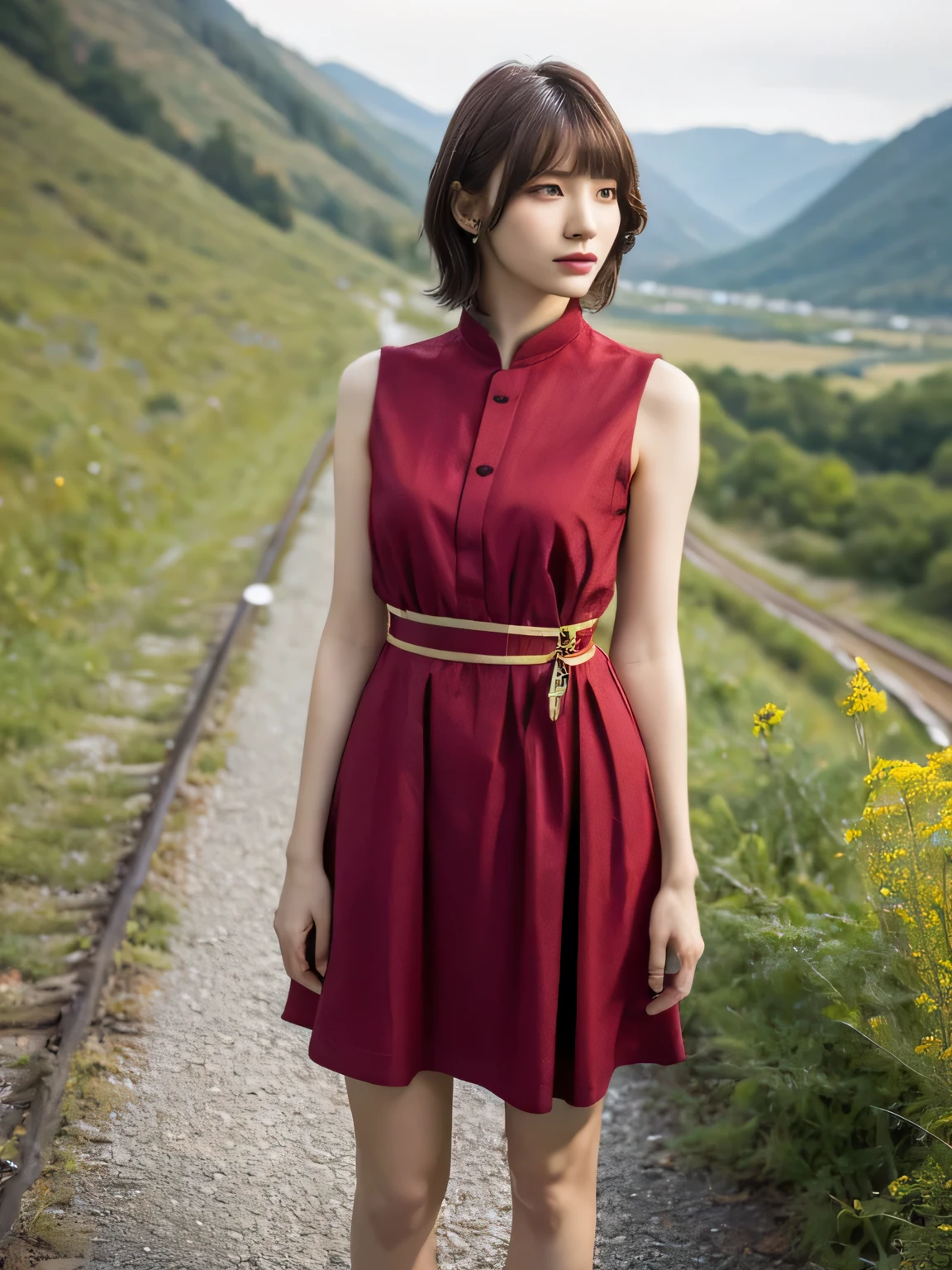 1 girl, A very beautiful portrait of a Japanese singer, ( Red Dress), ( gothic makeup), (RAW Photo Best Quality), (Realistic, Realistic:1.4), (masterpiece), Very detailed, 2k wallpaper, wonderful, finely, Very detailed, CG Unity 8k Wallpaper, Very detailed, high definition, Soft light, Beautiful Girl Carefully Drawn in Every Detail, Very detailedな目と顔, Beautiful and Elegant Nose, beautiful beautiful eyes, Film Lighting, (Bromide photography), (short hair), (The girl is standing on an abandoned railway line in a rough mountainous area:1.2), ( covered with weeds road), (An unmanned home with no roof and weeds growing), (Decayed sleeper), (autumn leaves), perfect anatomy, 細身の体, smaller breasts, Thin legs, whole body, I am so lonely,
perfect anatomy, 細身の体, smaller breasts, Thin legs, whole body, I am so lonely, Random body orientation,