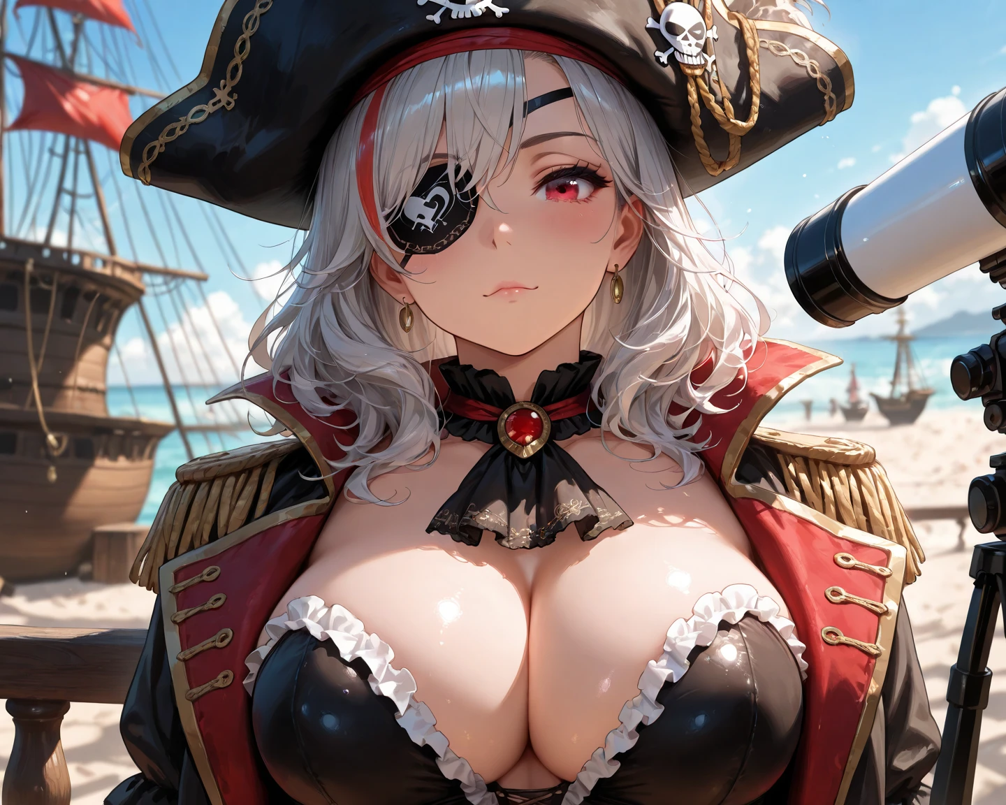 ((Seductive Anime Girl, solo:1.3))、((sitting on the Luxurious treasure chest:1.3))、((cross-legged))、((Luxurious treasure chest))、((pirate:1.3))、((pirate jacket:1.1))、((perfect proportion))、((Being in on the pirate ship:1.5))、((Glossy realistic skin texture))、((Meticulously drawn eye:1.2))、((dynamism:1.3))、((dynamic angle:1.2))、((micro bikini:1.3 crop top:1.3))、((highleg:1.3))、((huge breasts:1.4))、((huge hip:1.3))、((thick thighs))、((cleavage:1.3))、curvy、((collarbone))、((cameltoe:1.2))、ultra-detailliert, Top image quality, digitial illustration, Meticulously drawn hair, Sharp Focus、Smooth texture、seductive smile、glistening teeth
