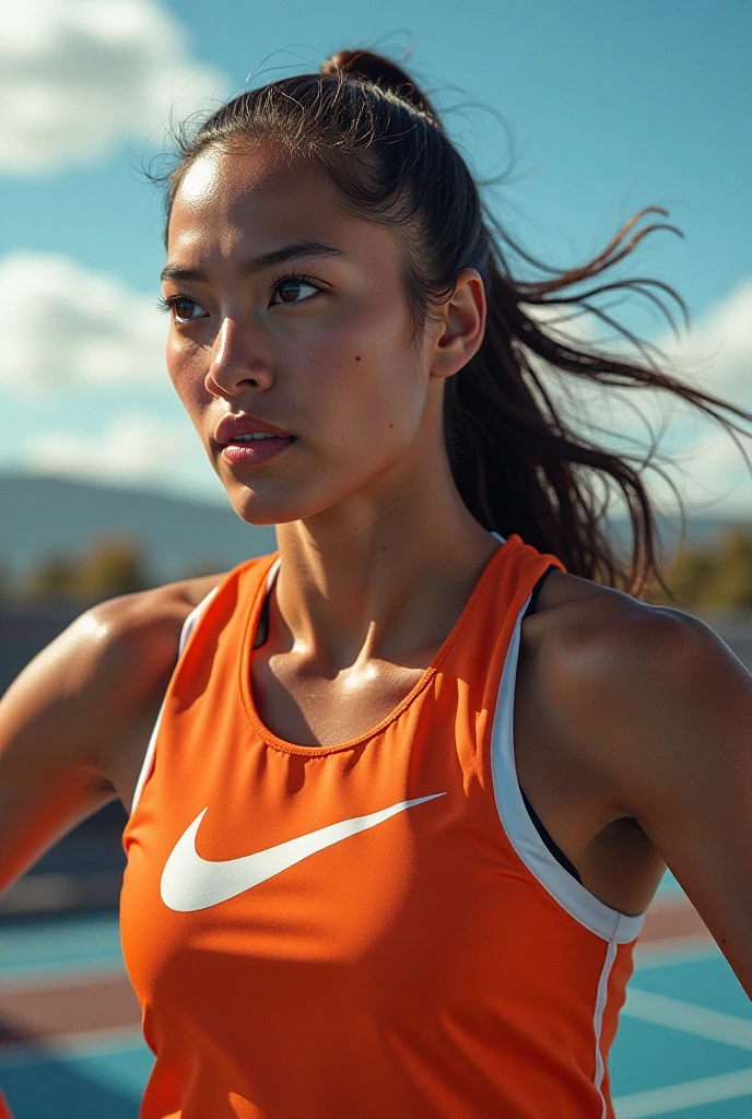 portrait, (close up:1.1), face, sweat, asian, beautiful mature college girl, angry, ((athletic sports:1.2)), athletic sports wear, in stadium, track, outside on track field, anamorphic lens flare, photorealistic, cinematic lighting, dark atmosphere, volumetric lighting, action pose, epic scene, nike advertising, (nike logo), just do it campaign