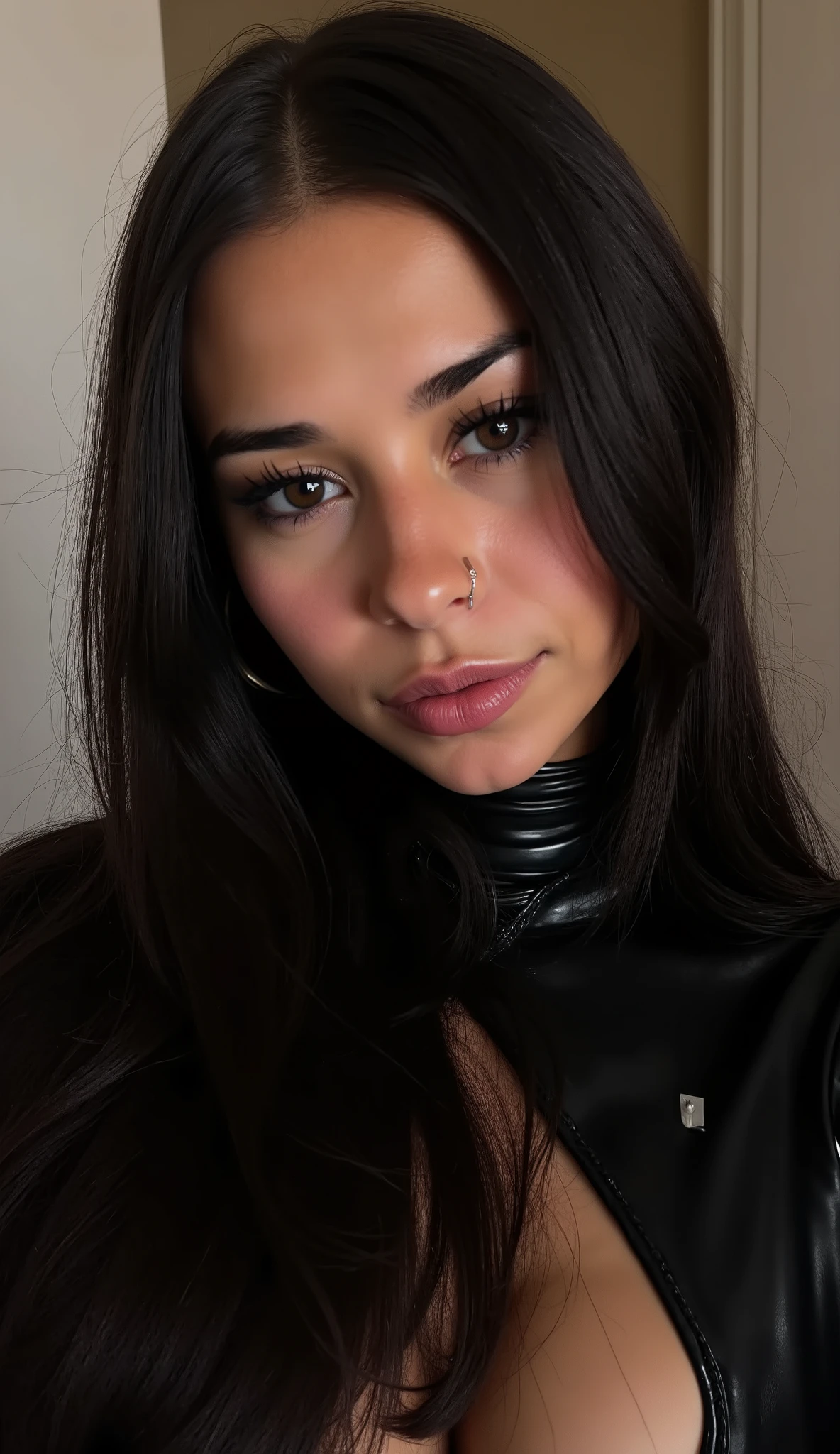 (best quality, highres), portrait of 18 year old latina girl, Purple medium purple Hair, Mixed Beautiful Pretty 18 years old Brazilian babe, small beautiful brown eyes, intense gaze, beautiful lips, red leather jacket, black dress, combine realism and beautiful anime influenced, confident looks, smiling, 