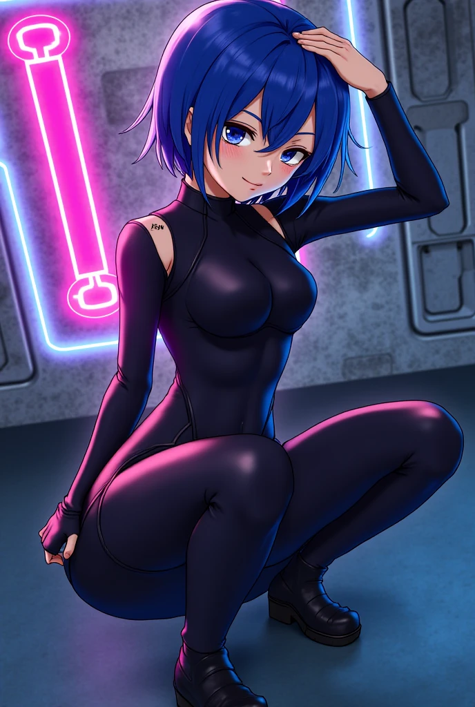 young, , sexy evil demon,fantasy background, slim body, only tight skimpy clothes, standing infront of a sex shop store, whore, slut, small girl, standing in a seductive way, full body, ass, small girl, furr gloves, gog ears, short hair, dark blue hair, blue eyes