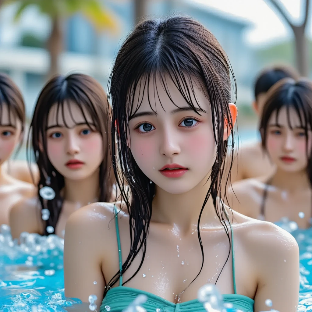 NSFW, (4+girls:1.5), (alternate athlete swimsuit pool), oil, line up, girls in row, crowd, looking at viewer,masterpiece, top quality, ultra high definition, highest resolution, very detailed, professional lighting, clean skin, CG illustration, slender, very cute, young face, cleavage, lower breast, wet body, (breasts out:1.4), black hair, semi-long hair, hair ribbon, blue eyes, blush, lying down, open legs, legs raised, navel, from below, wet body, (breasts out: 1.4), (plastic bag 1.2), transparent swimsuit, pool, (wind: 1.3), girls dancing naked behind