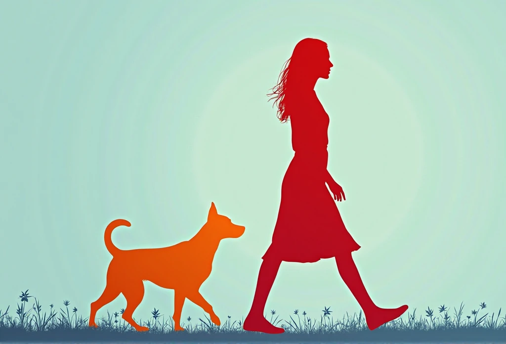 Create the silhouette of a beautiful young woman walking in profile and that is red, Behind, following the silhouette of a dog that is yellow and the environment is blue, The entire composition in effect "hologram"