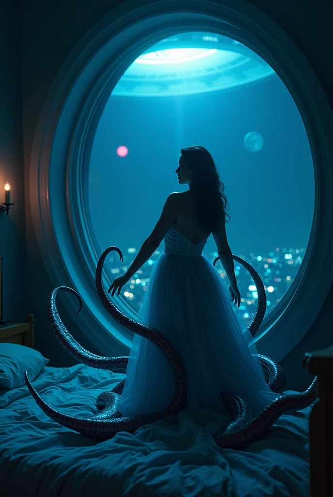 Mila Kunis (age 25, sheer night gown) in a trance in her bedroom looking out her window, UFO outside window extends giant eldritch slimy tentacles to Mila
