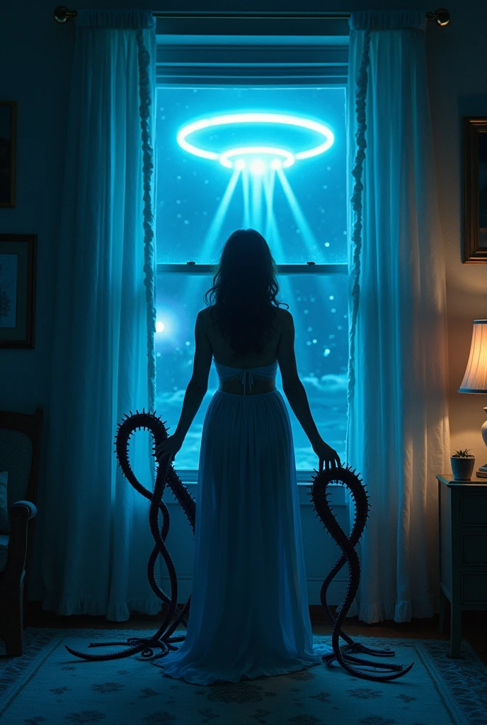 a beautiful young woman (Mila Kunis, age 25), wearing a sheer nightgown, standing in a trance-like state outside her house, a UFO hovering outside the window, extending giant slimy eldritch tentacles that restrain her arms and legs as it draws her into the UFO, dark moody lighting, cinematic composition, highly detailed, photorealistic, concept art style
