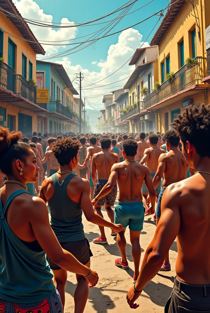 A man who looks very much like Ricky Martin is photographed from the front doing the split while he is completely naked and one of his testicles is visible。short hair。Buenos Aires。Many naked spectators。
