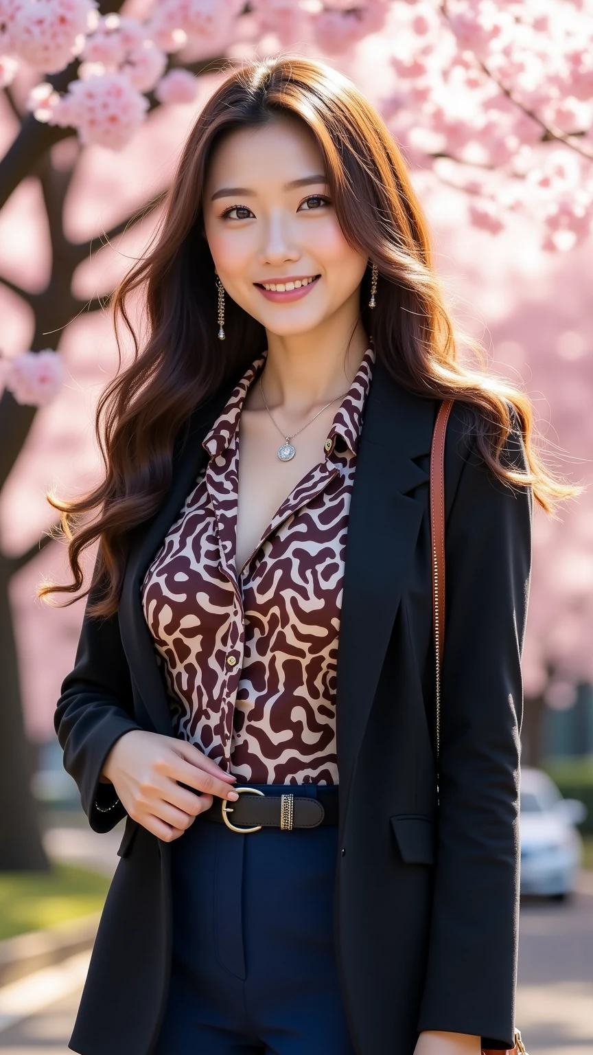 Half-length glamour portrait, nikon D850, f1.6 lens, 200mm, DSLR, 22 Megapixels, (((Vibrant neighborhood scene))), shot of a stunning 19 years old korean girl, (smile:1.4), (wearing Checked pantsuit with Dark orange blouse:1.6), ((seductive pose)), hot girl, (((big natural breasts))), (((black fringe hair))), (small girl), symmetrical face, photorealistic, photography, (bright natural lighting), gorgeous, deep cleavage, (masterpiece), best quality, high resolution, extremely detailed, cinematic lighting, (((very narrow waist))), rich colors, hyper realistic, lifelike texture, ((jewelry)), (((She has beautiful hands and wears rings))), (bracelet), (necklace), (ankle chain), (nail polish) (earrings), Fuji Superia 200, 8k