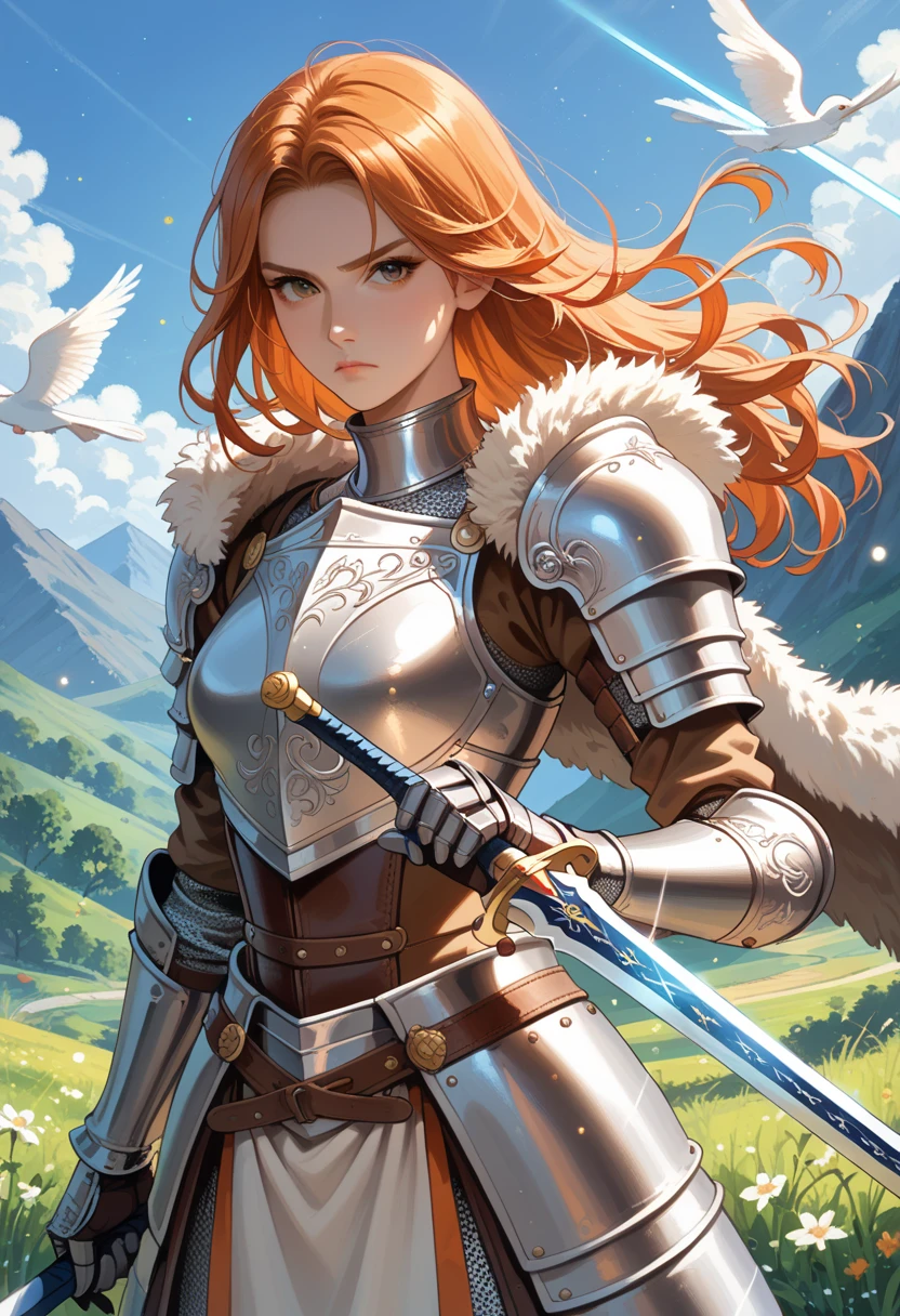 Close-up of a woman holding a sword in the field, full body, ginger sword, war blade weapon, shiny sword, wielding sword, fantasy blade, beautiful sword, huge super large sword, holding fantasy sword, fantasy sword, fantasy sword, warrior sword, ghost blade style, holding a giant sword, wielding a magic sword, holding a giant sword, shining sword, 2K