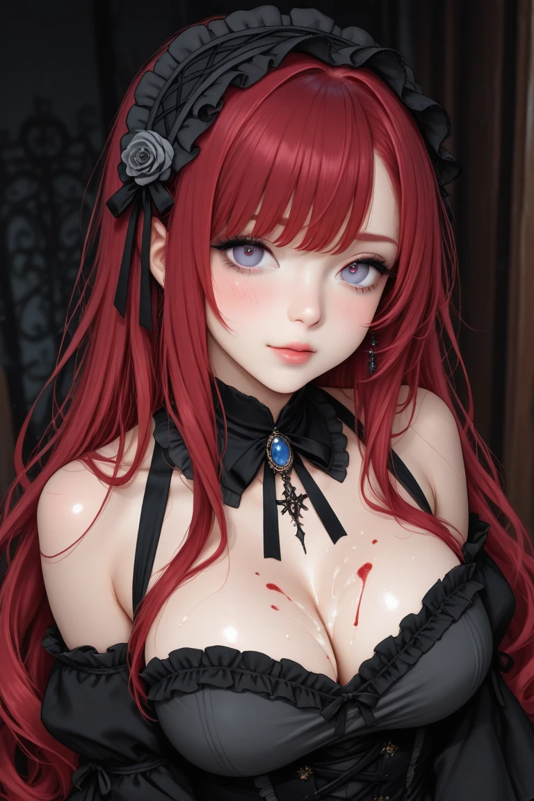 (masterpiece, best quality), 1girl, red hair, medium chest, gothic frill dress, pervert face,