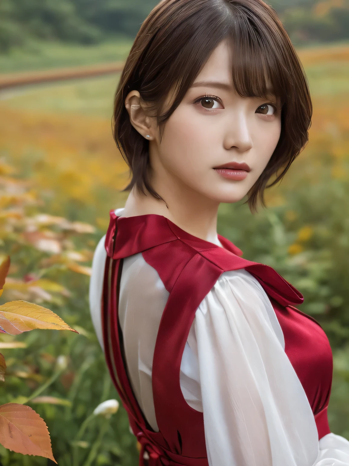 1 girl, A very beautiful portrait of a Japanese singer, ( Red Dress), ( gothic makeup), (RAW Photo Best Quality), (Realistic, Realistic:1.4), (masterpiece), Very detailed, 2k wallpaper, wonderful, finely, Very detailed, CG Unity 8k Wallpaper, Very detailed, high definition, Soft light, Beautiful Girl Carefully Drawn in Every Detail, Very detailed eyes with face, Beautiful and Elegant Nose, beautiful beautiful eyes, Film Lighting, (Bromide photography), (short hair), (The girl is standing on an abandoned railway line in a rough mountainous area:1.2), ( covered with weeds road), (An unmanned home with no roof and weeds growing), (Decayed sleeper), (autumn leaves), perfect anatomy, slender body, smaller breasts, Thin legs, whole body, I am so lonely, Random body orientation,