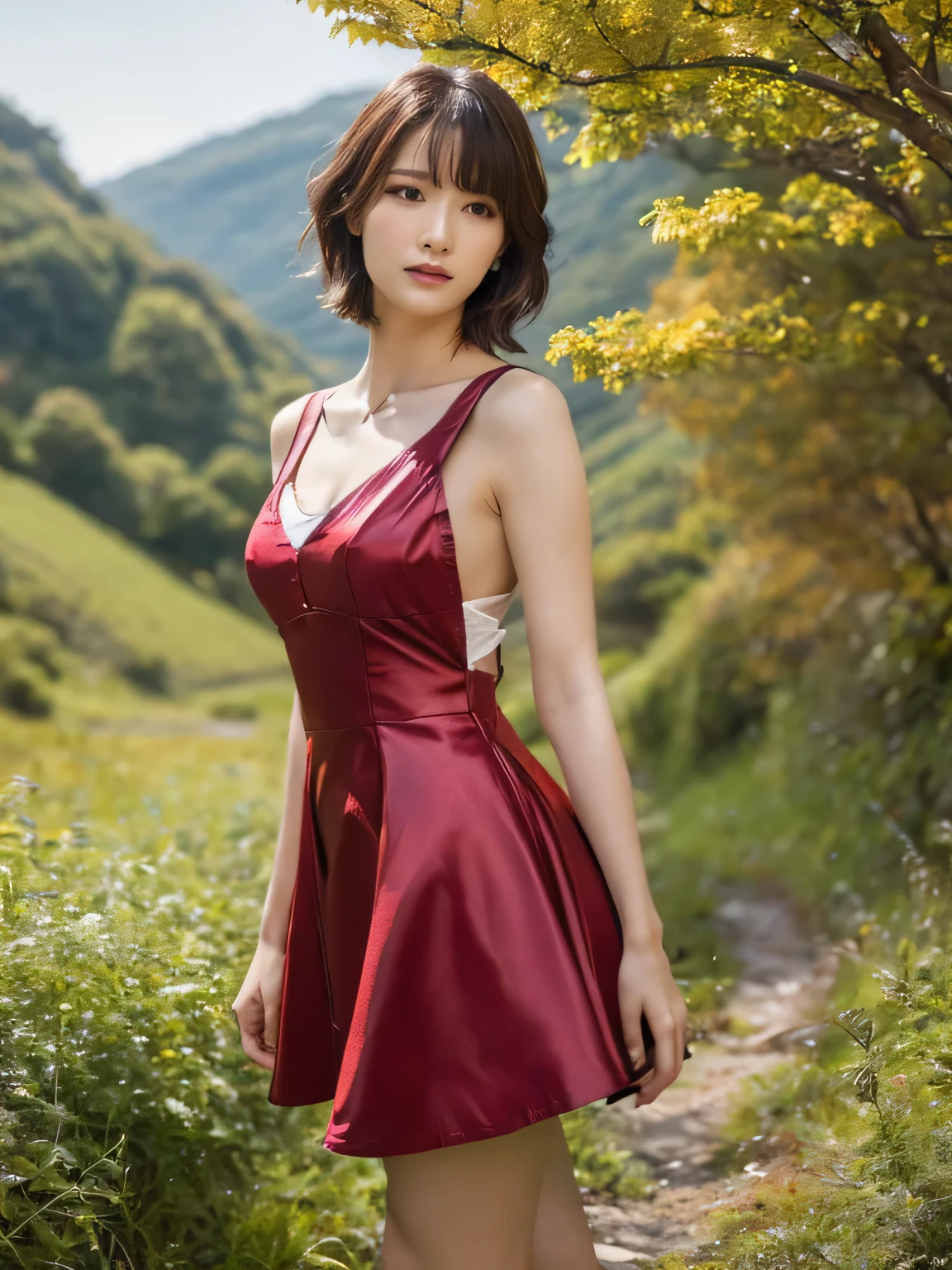 1 girl, A very beautiful portrait of a Japanese singer, ( Red Dress), ( gothic makeup), (RAW Photo Best Quality), (Realistic, Realistic:1.4), (masterpiece), Very detailed, 2k wallpaper, wonderful, finely, Very detailed, CG Unity 8k Wallpaper, Very detailed, high definition, Soft light, Beautiful Girl Carefully Drawn in Every Detail, Very detailedな目と顔, Beautiful and Elegant Nose, beautiful beautiful eyes, Film Lighting, (Bromide photography), (short hair), (The girl is standing on an abandoned railway line in a rough mountainous area:1.2), ( covered with weeds road), (An unmanned home with no roof and weeds growing), (Decayed sleeper), (autumn leaves), perfect anatomy, 細身の体, smaller breasts, Thin legs, whole body, I am so lonely,
perfect anatomy, 細身の体, smaller breasts, Thin legs, whole body, I am so lonely, Random body orientation,